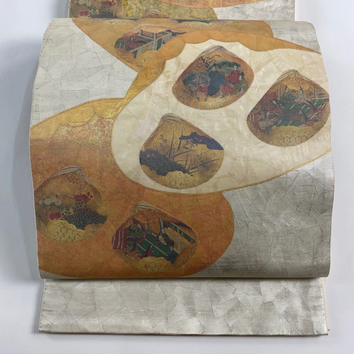 袋帯 秀品 人物 貝合わせ 金銀彩 箔 銀色 六通 正絹 【中古】拍卖