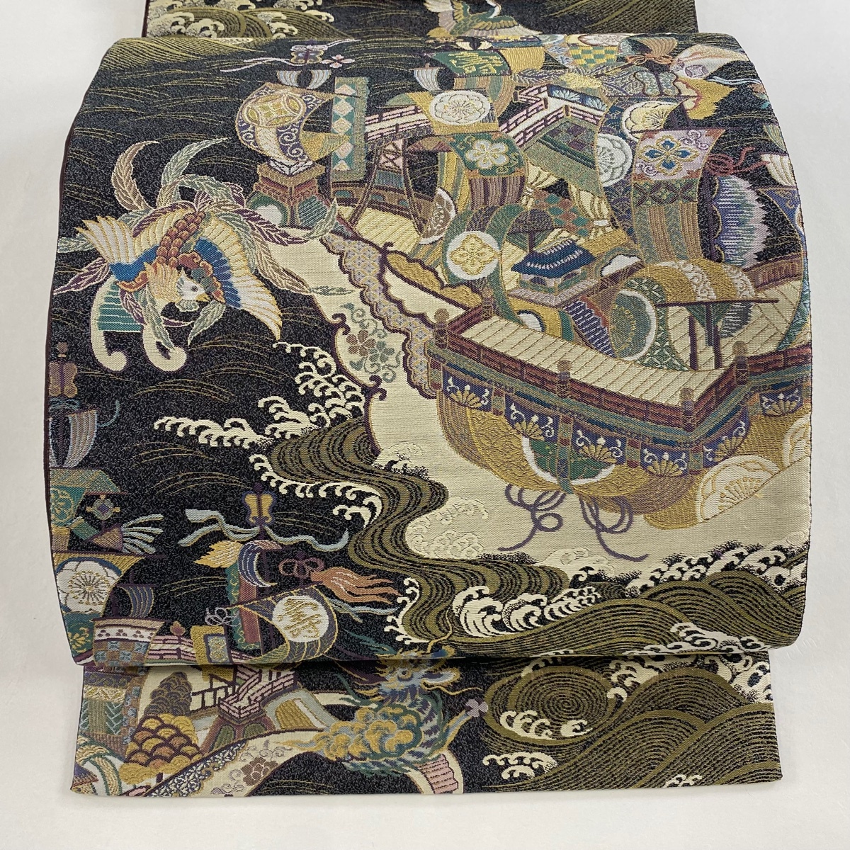 【美品】 袋帯 名品 船 鳳凰 金糸 ラメ糸 墨色 お太鼓柄 正絹 【中古】拍卖