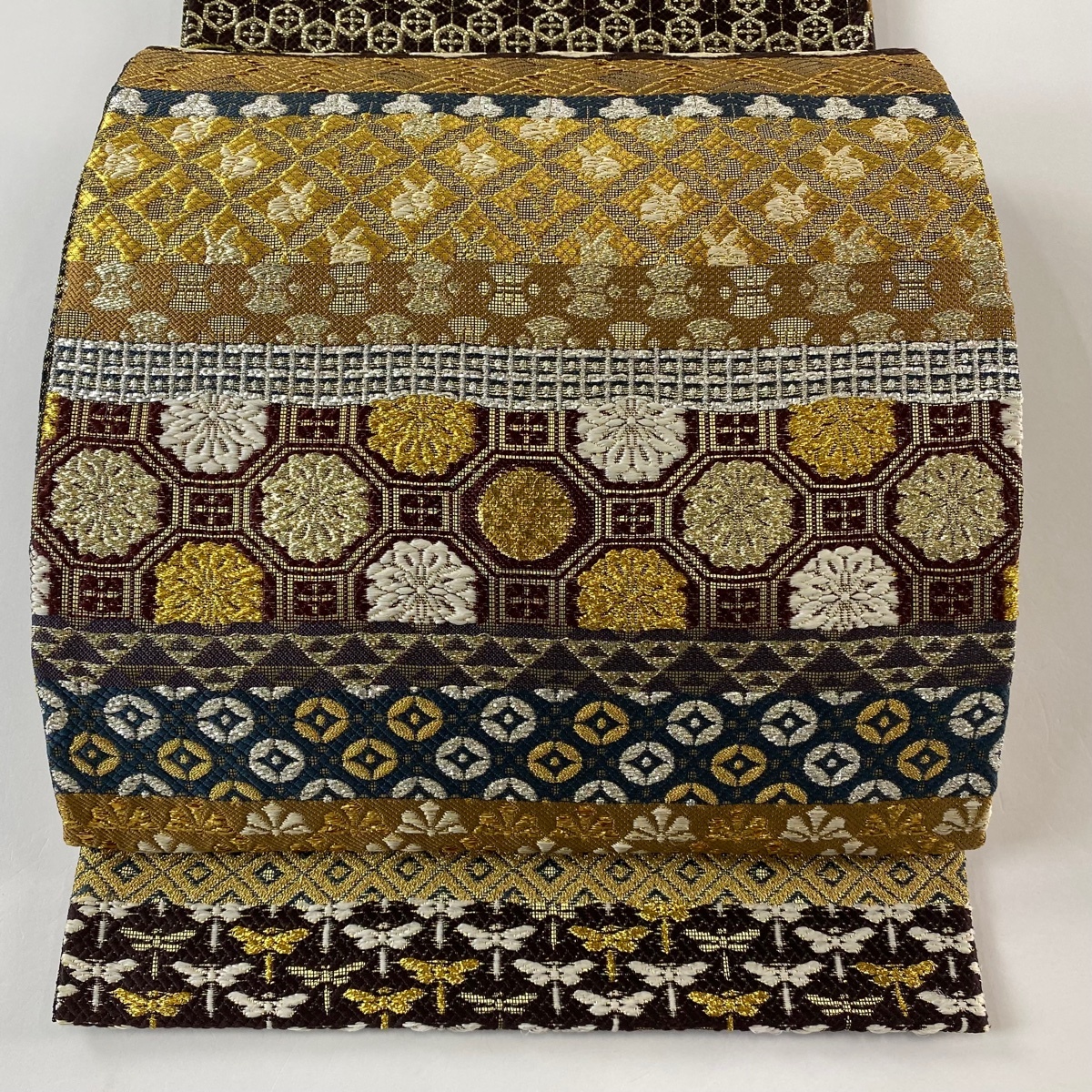 【美品】 袋帯 逸品 誉田屋源兵衛 落款 花菱 鱗 金銀糸 箔 黒 全通 正絹 【中古】拍卖