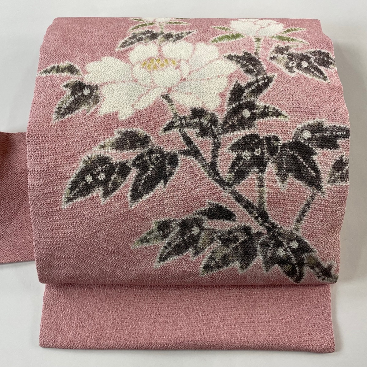 名古屋帯 逸品 福村廣利 落款 草花 縮緬 ピンク 正絹 【中古】拍卖