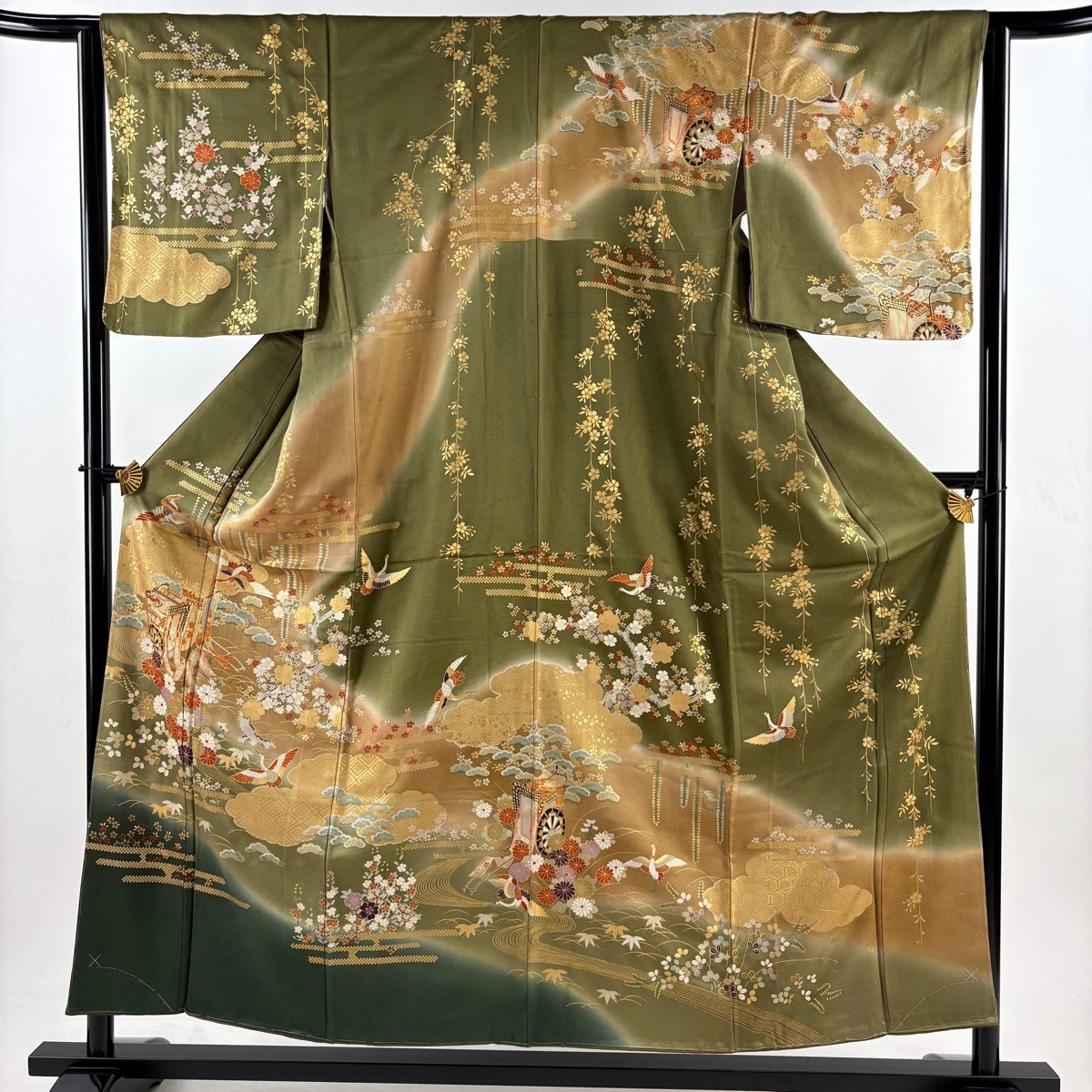 訪問着 身丈154.5cm 裄丈64cm M 袷 御所車 鶴 金糸 金彩 茶緑色 正絹 秀品 【中古】拍卖