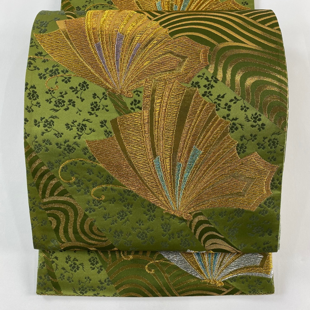 【美品】 袋帯 秀品 蝶 波 箔 金銀糸 よもぎ色 六通 正絹 【中古】拍卖