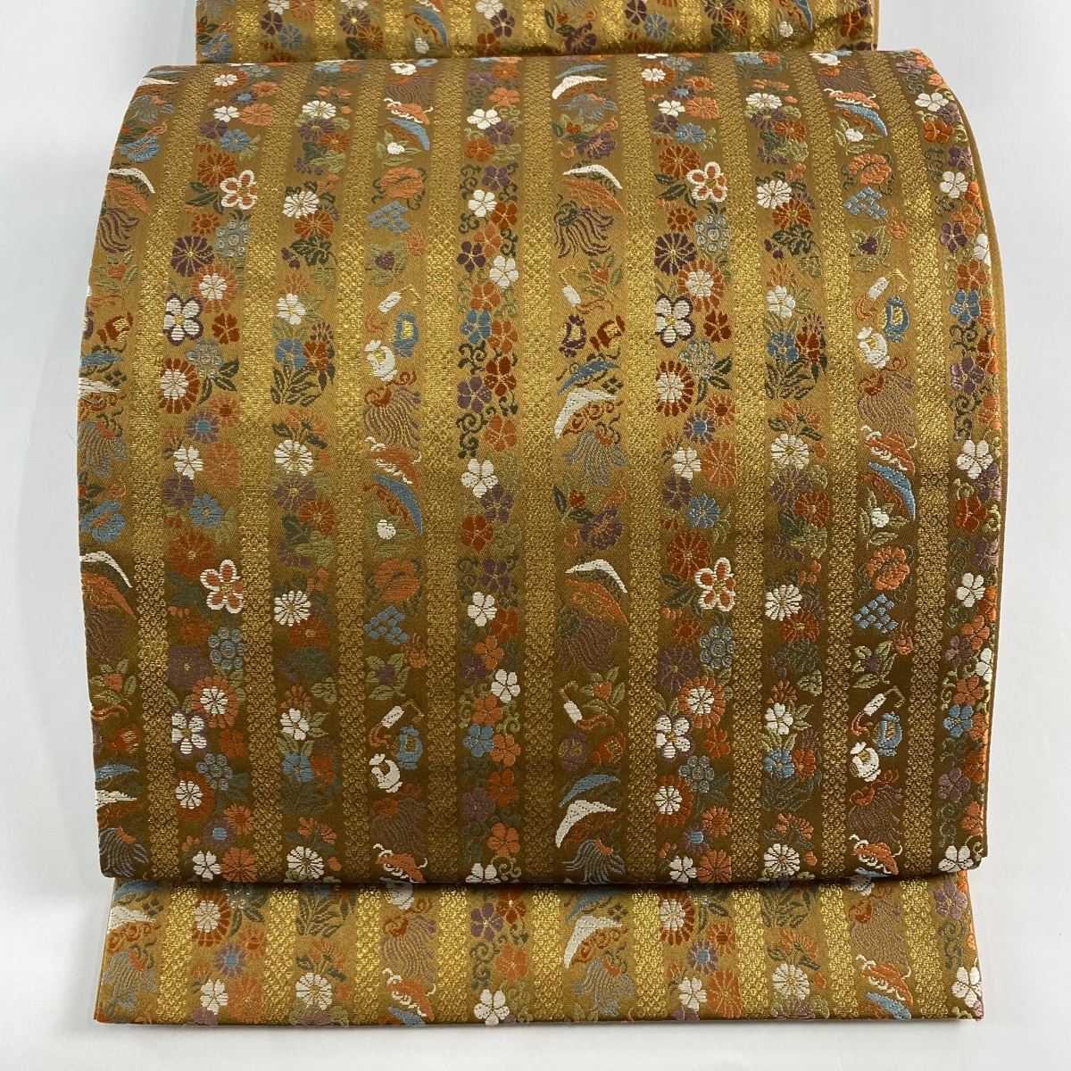 【美品】 袋帯 秀品 花 宝尽くし 箔 茶色 六通 正絹 【中古】拍卖