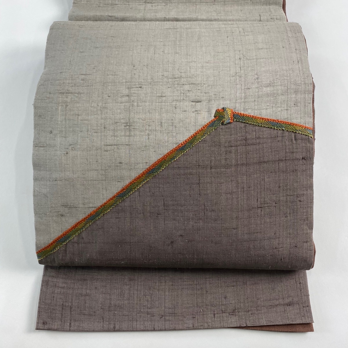 袋帯 秀品 組紐 紬地 灰紫 お太鼓柄 正絹 【中古】拍卖