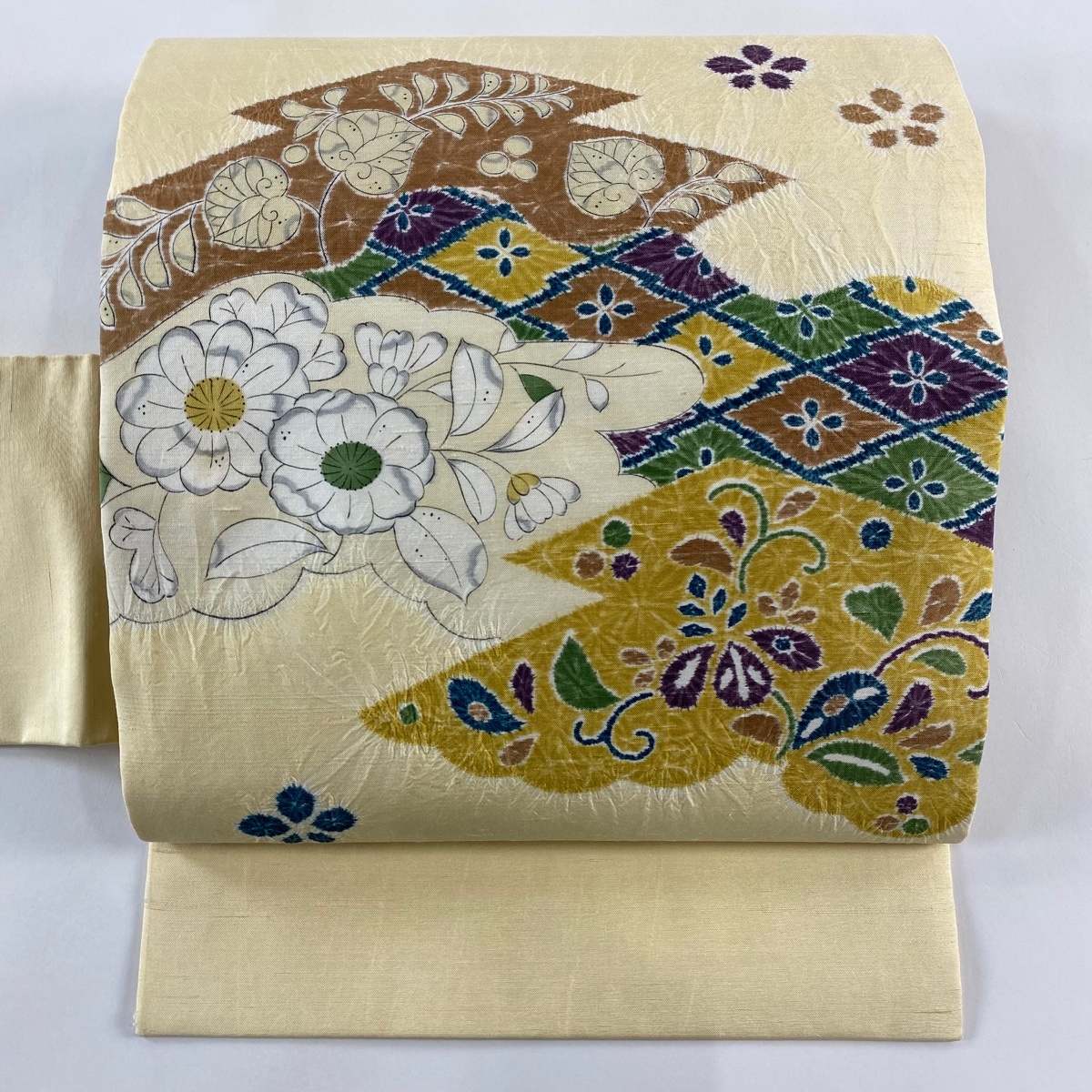 【美品】 名古屋帯 秀品 辻が花柄 松菱 絞り 紬地 クリーム 正絹 【中古】拍卖
