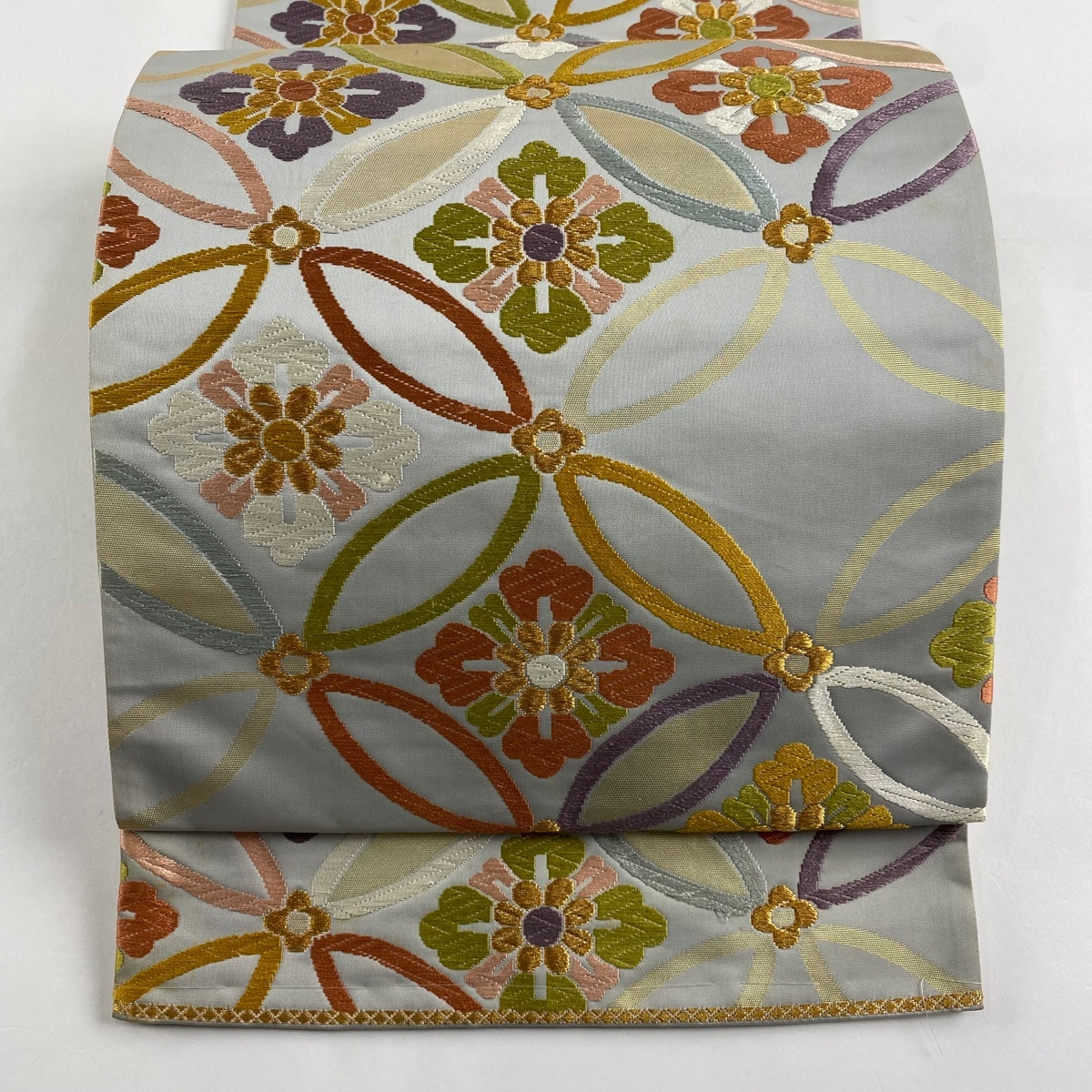 袋帯 秀品 関西仕立て 七宝 花菱 金糸 唐織 青灰色 六通 正絹 【中古】拍卖