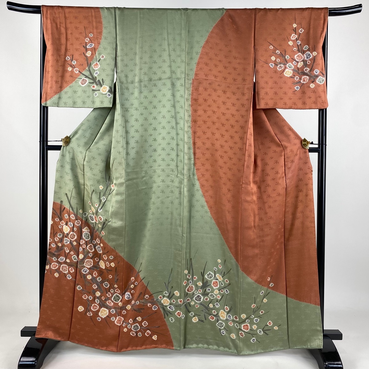 訪問着 身丈163cm 裄丈67cm M 袷 枝花 金銀彩 絞り 薄緑 正絹 秀品 【中古】拍卖