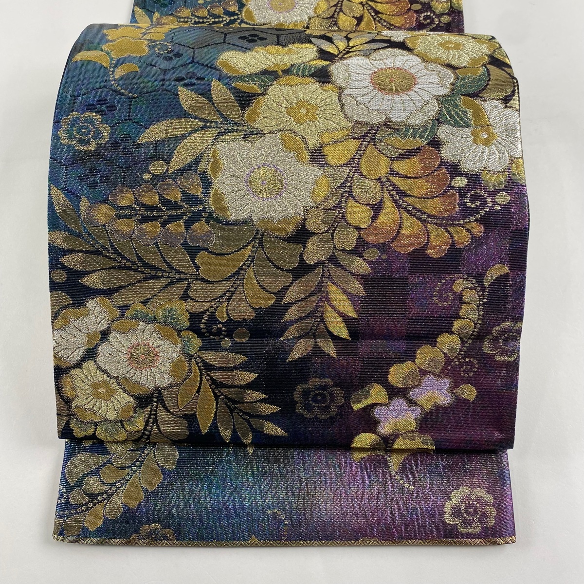 袋帯 秀品 草花 辻が花柄 金銀糸 箔 紫 六通 正絹 【中古】拍卖