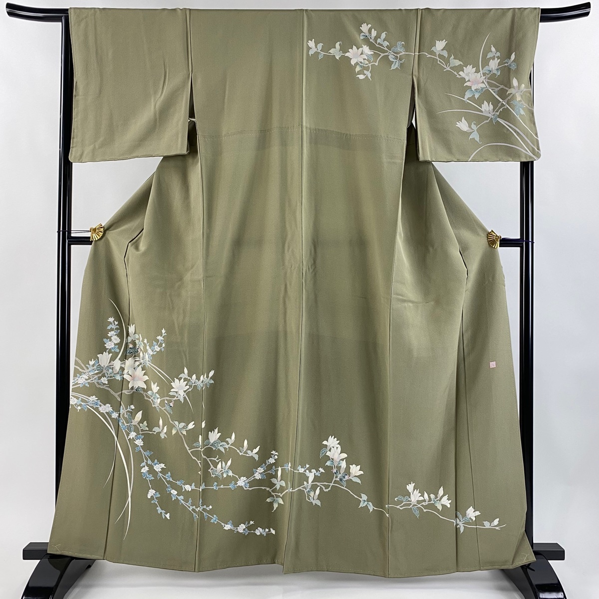 【美品】 訪問着 身丈162cm 裄丈67.5cm L 袷 落款 枝花 灰緑 正絹 名品 【中古】拍卖