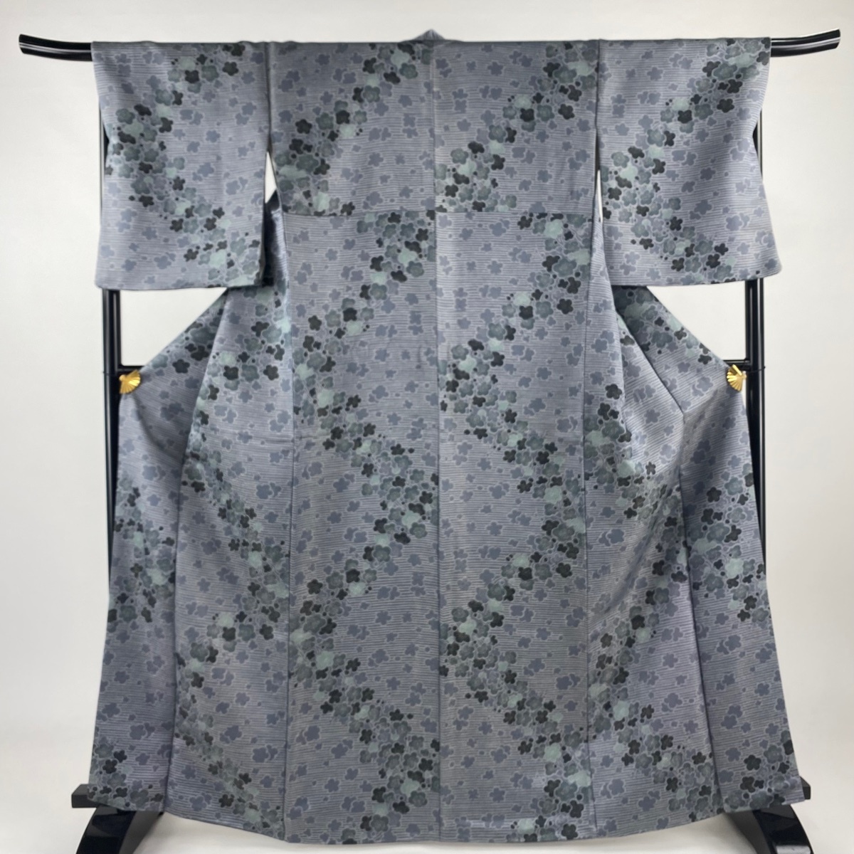 小紋 身丈163cm 裄丈68cm L 袷 梅 縞 金通し 灰色 正絹 美品 名品 【中古】拍卖