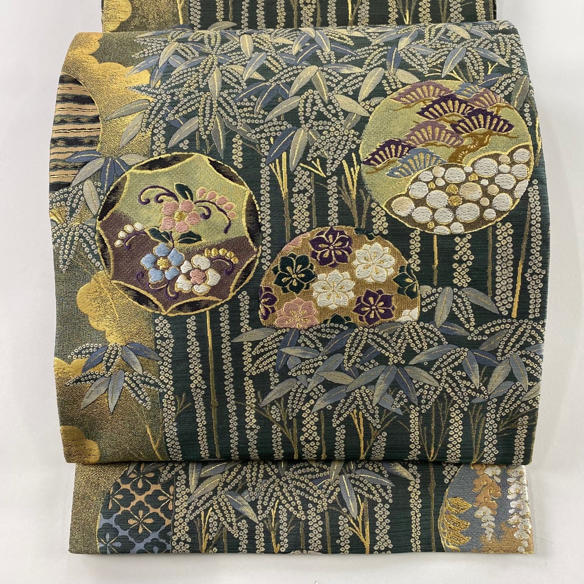 袋帯 美品 名品 笹 草花 金糸 刺繍 灰緑 六通 正絹 【中古】拍卖