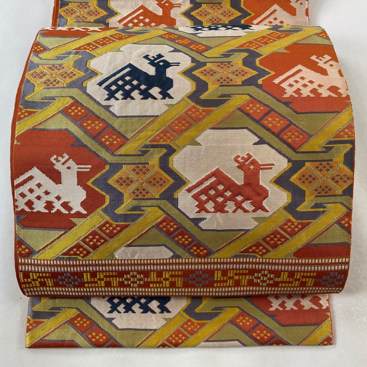 袋帯 逸品 龍村平蔵 落款 有栖川鹿手 縞 金銀糸 オレンジ お太鼓柄 正絹 【中古】拍卖