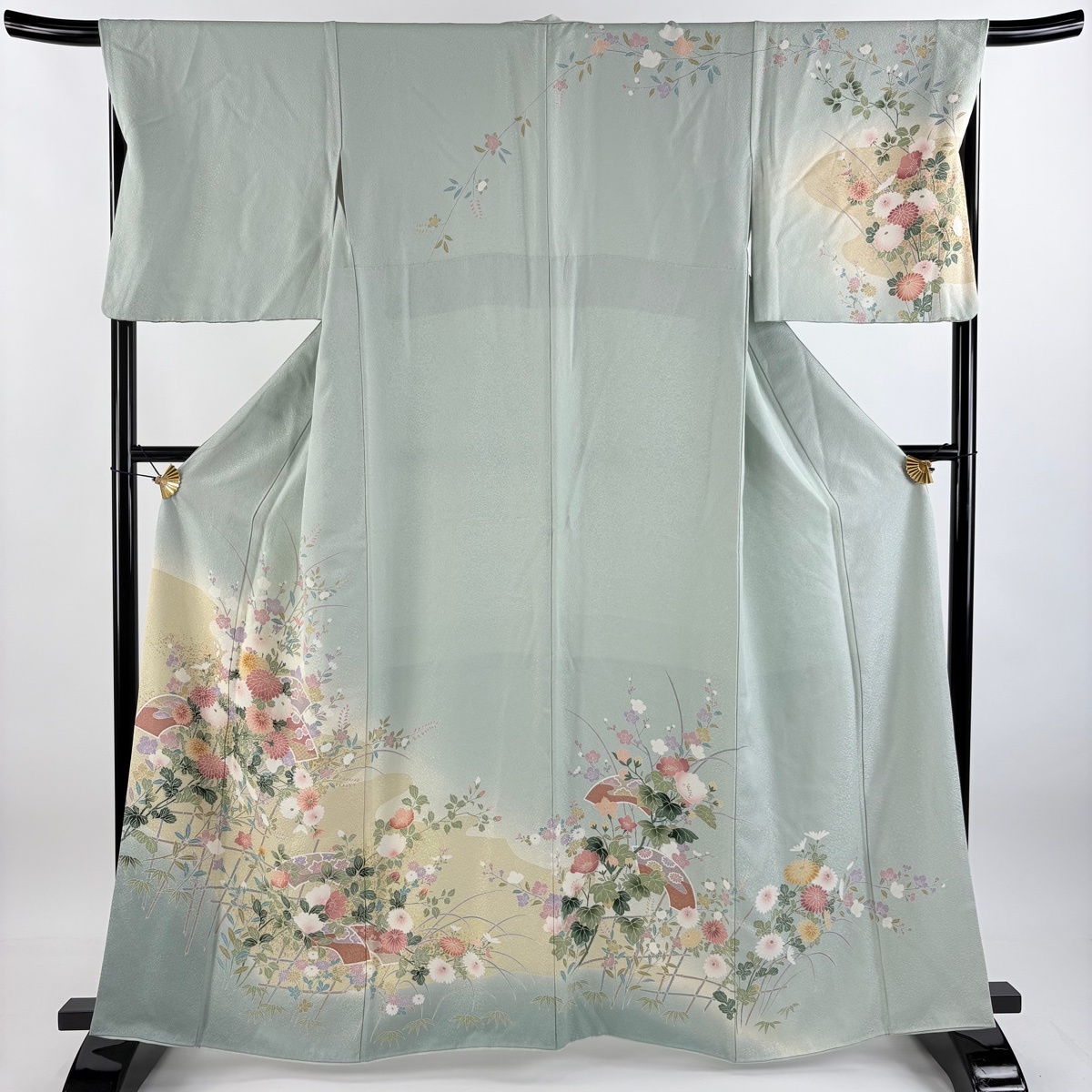 訪問着 身丈163.5cm 裄丈67.5cm L 袷 扇面 菊 金彩 ぼかし 薄緑 正絹 秀品 【中古】拍卖