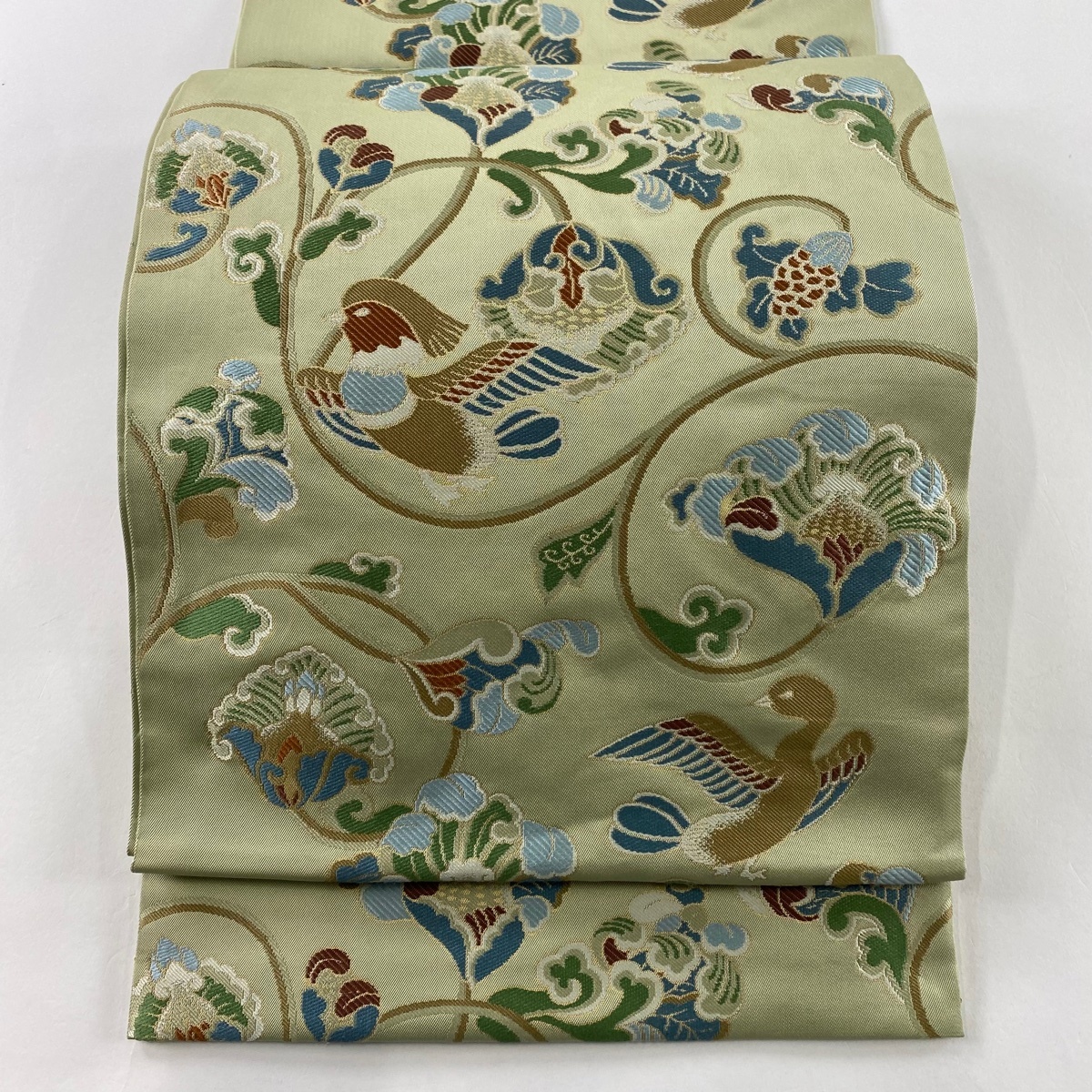 袋帯 名品 川島織物 落款 花唐草 鳥 箔 薄緑 六通 正絹 【中古】拍卖