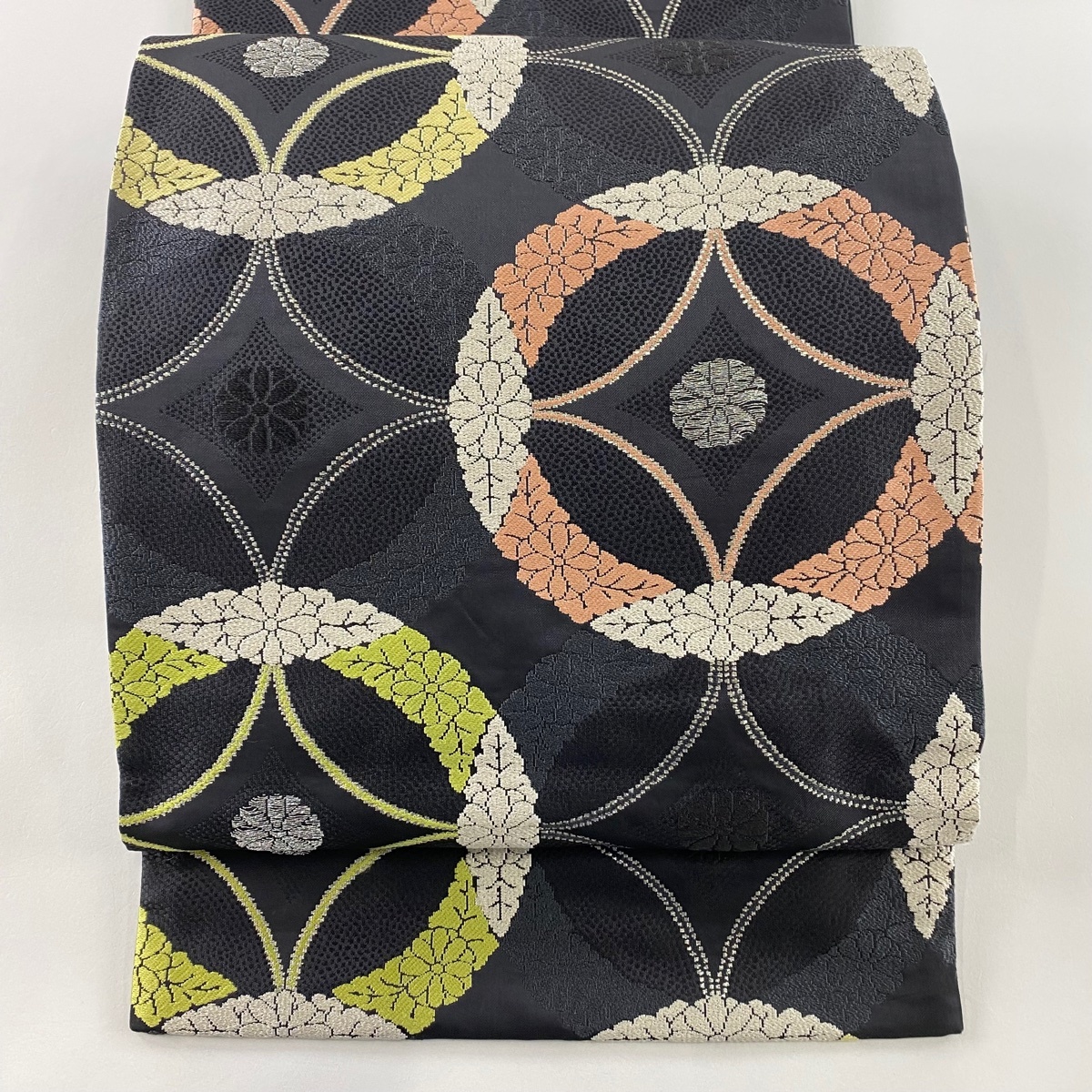 袋帯 名品 七宝 菊 銀糸 灰色 六通 正絹 【中古】拍卖