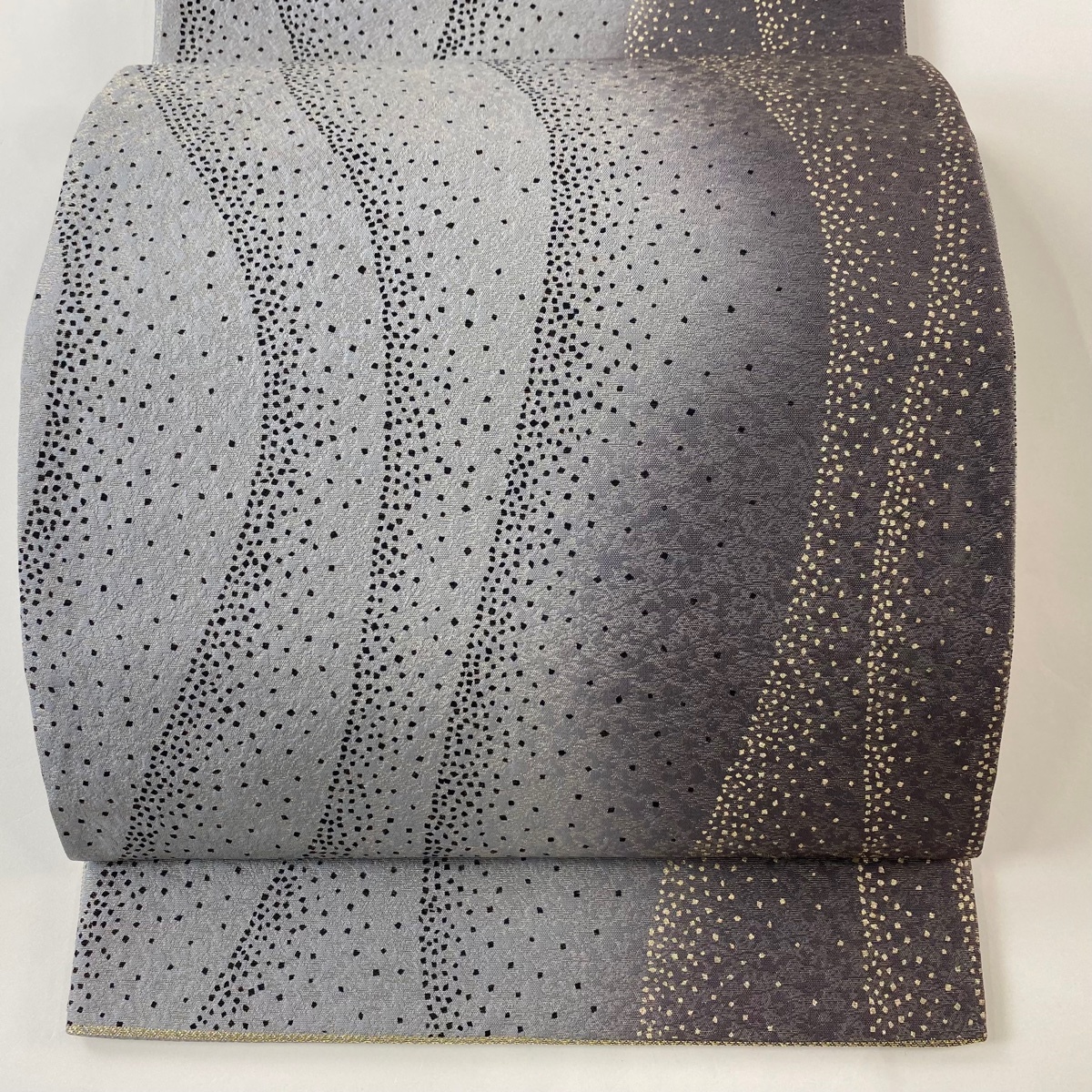 袋帯 名品 落款 よろけ縞 幾何学模様 銀通し 金彩 青灰色 全通 正絹 【中古】拍卖