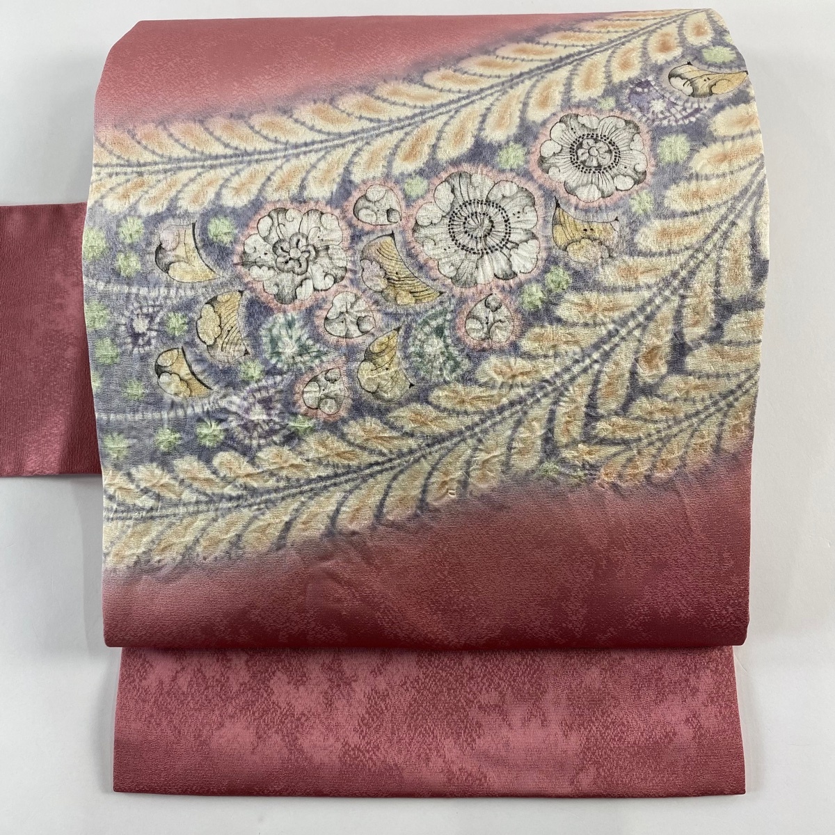 【美品】 名古屋帯 名品 落款 辻が花 ピンク 正絹 【中古】拍卖