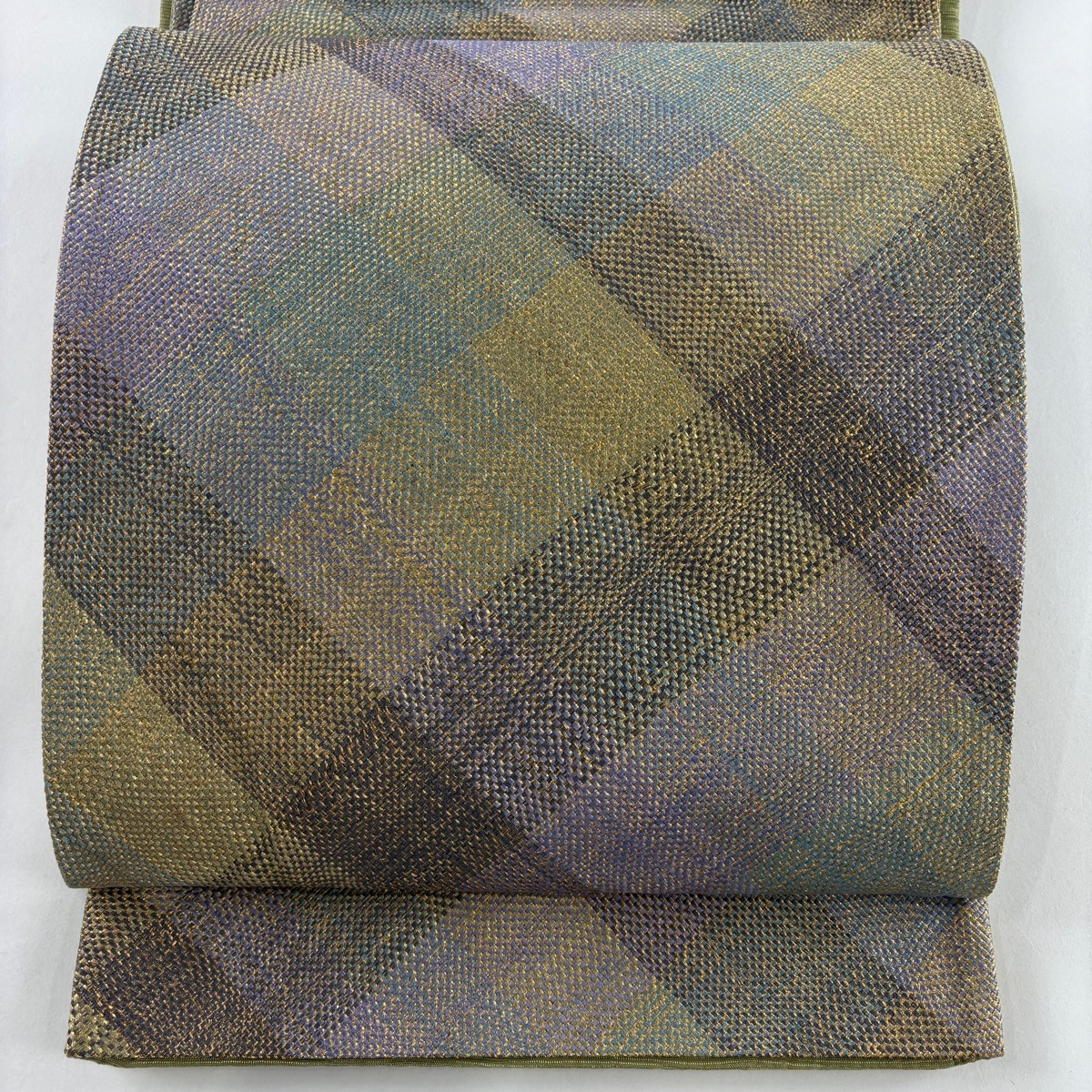 袋帯 秀品 斜め格子 金糸 鶯色 全通 正絹 【中古】拍卖