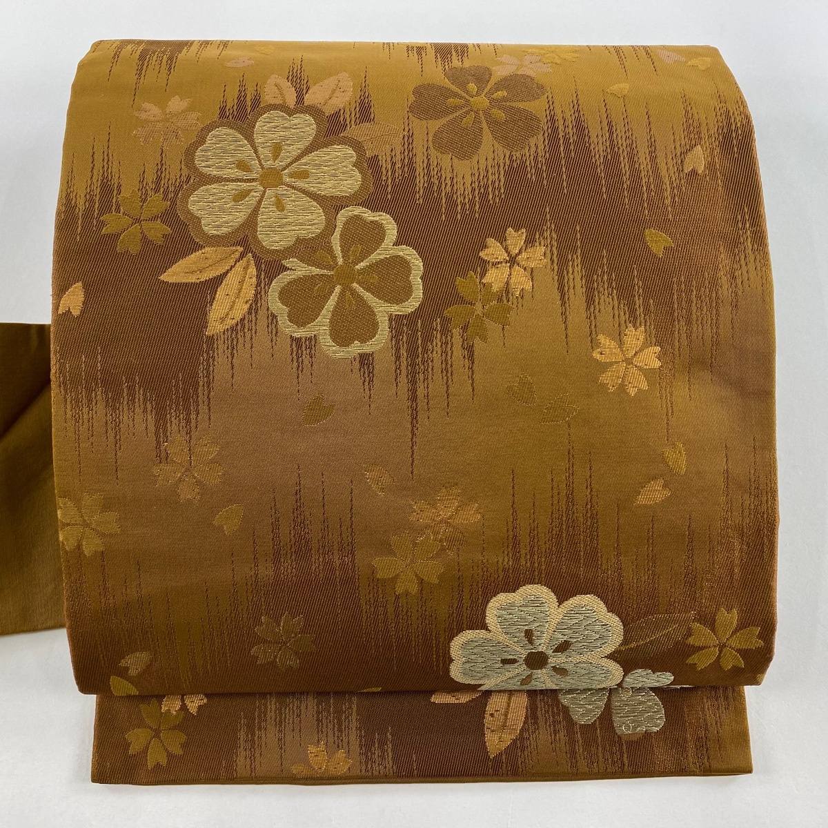 名古屋帯 優品 桜 花びら 箔 茶色 化繊 【中古】拍卖