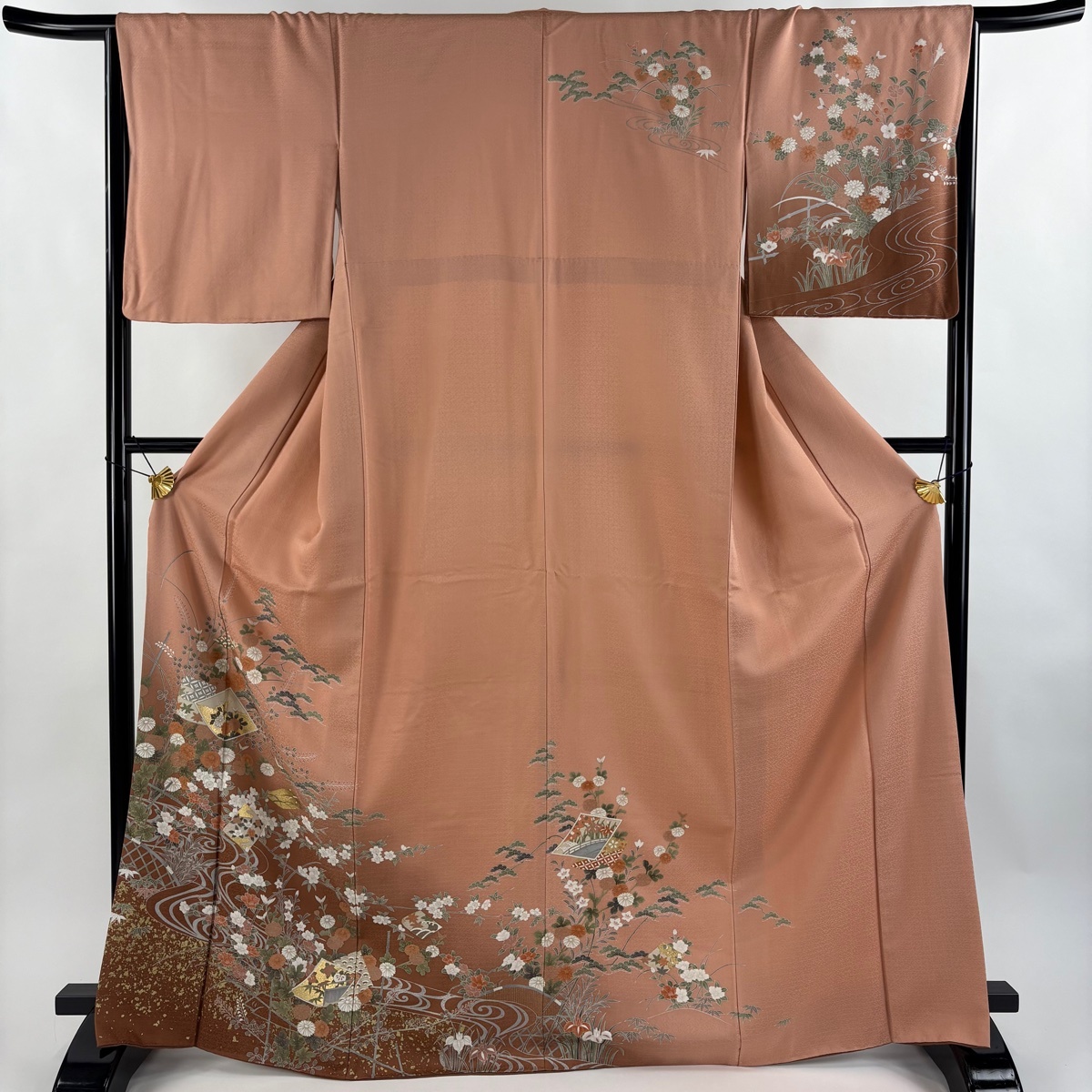 訪問着 身丈168.5cm 裄丈65.5cm M 袷 色紙 草花 金銀彩 ぼかし サーモンピンク 正絹 秀品 【中古】拍卖