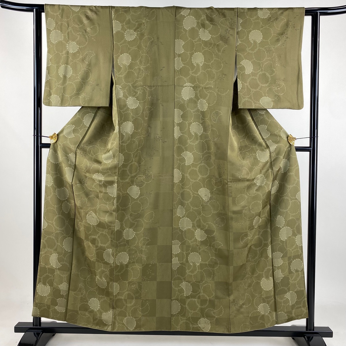 小紋 身丈157.5cm 裄丈61cm S 袷 雪輪 桜 金彩 鶯色 正絹 秀品 【中古】拍卖