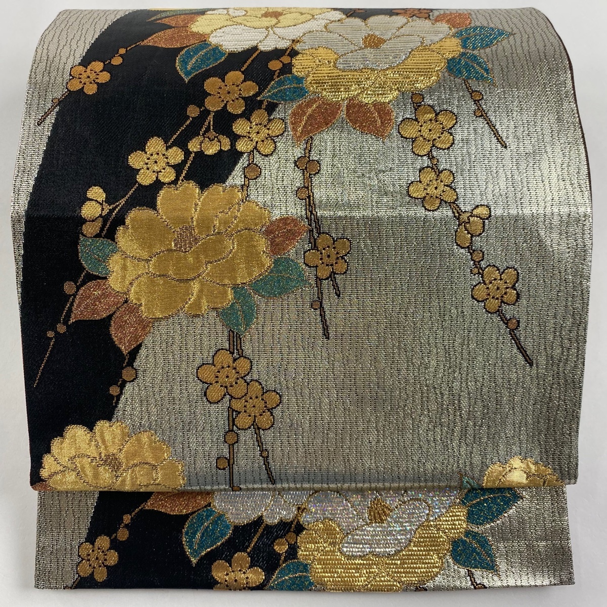 袋帯 秀品 椿 梅 箔 金糸 銀色 六通 正絹 【中古】拍卖