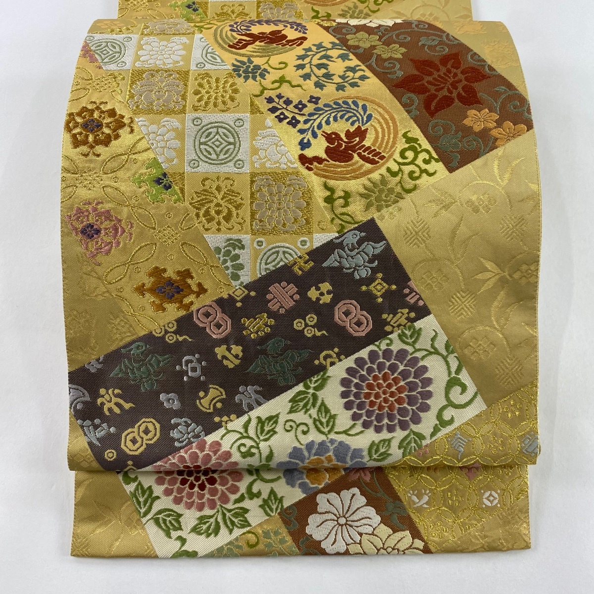 【美品】 袋帯 秀品 草花 尾長鳥 唐織 箔 金色 六通 正絹 【中古】拍卖