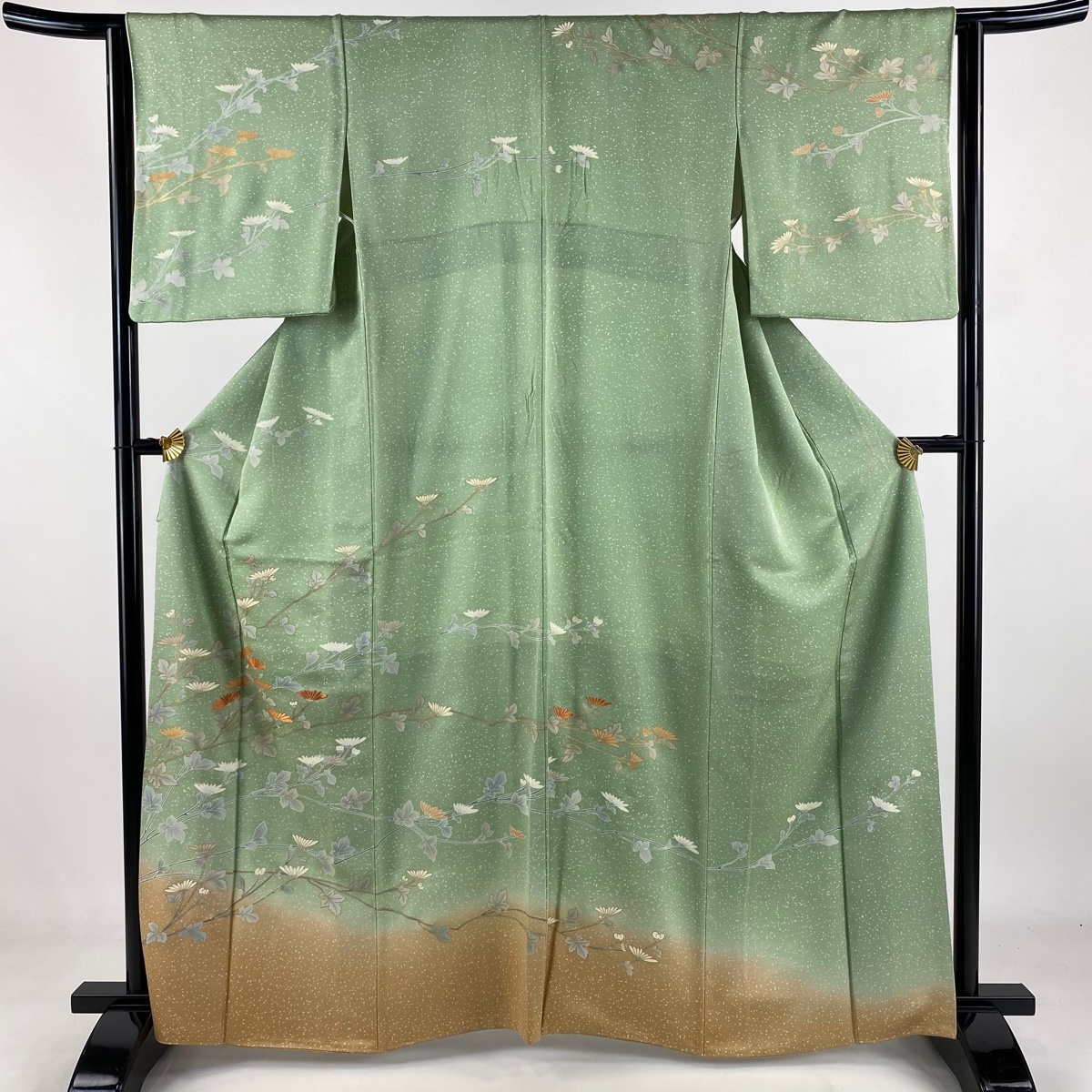 訪問着 身丈163.5cm 裄丈63.5cm S 袷 菊 刺繍 金彩 薄緑 正絹 秀品 【中古】拍卖