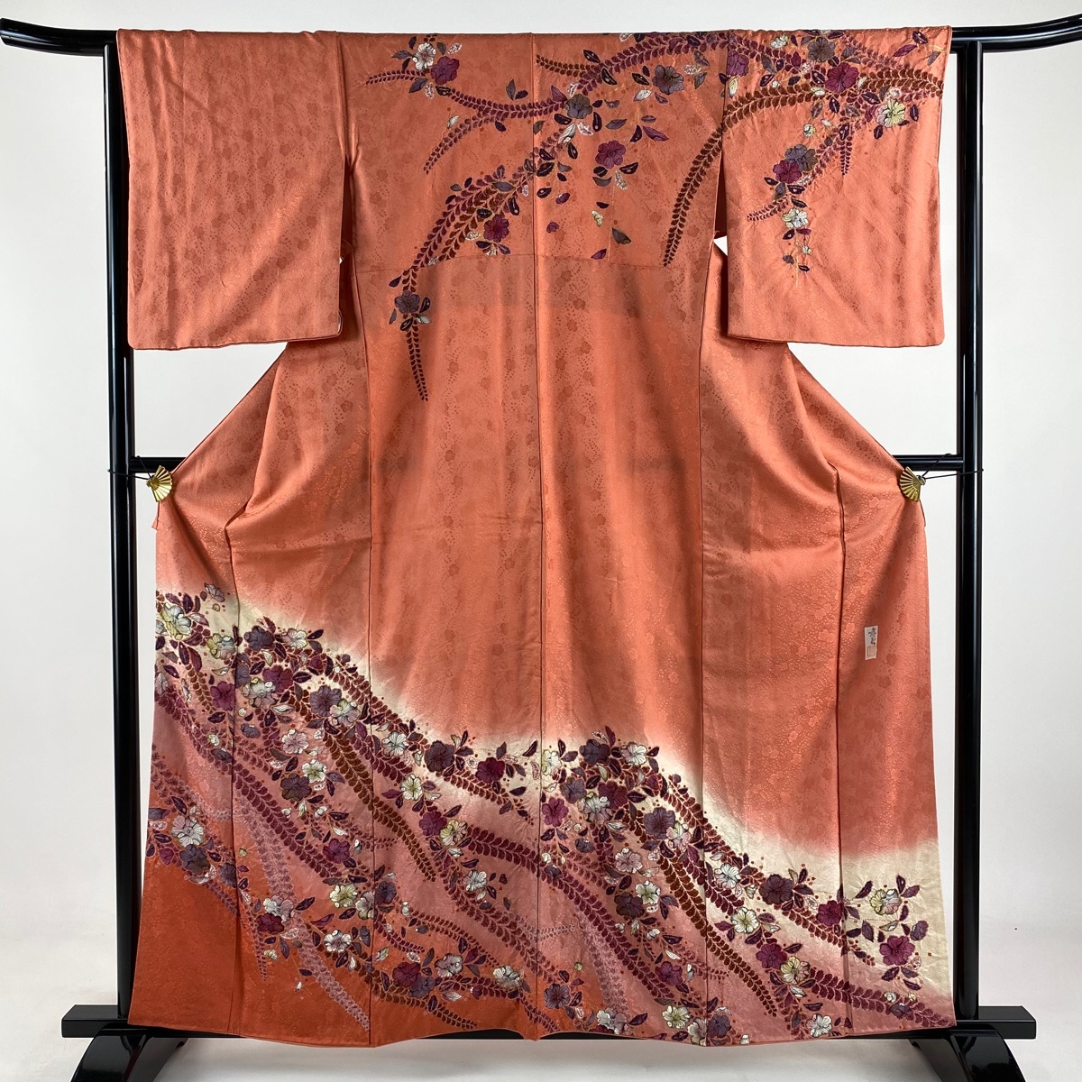 【美品】 訪問着 身丈160cm 裄丈62.5cm S 袷 落款 辻が花柄 金彩 ぼかし サーモンピンク 正絹 秀品 【中古】拍卖