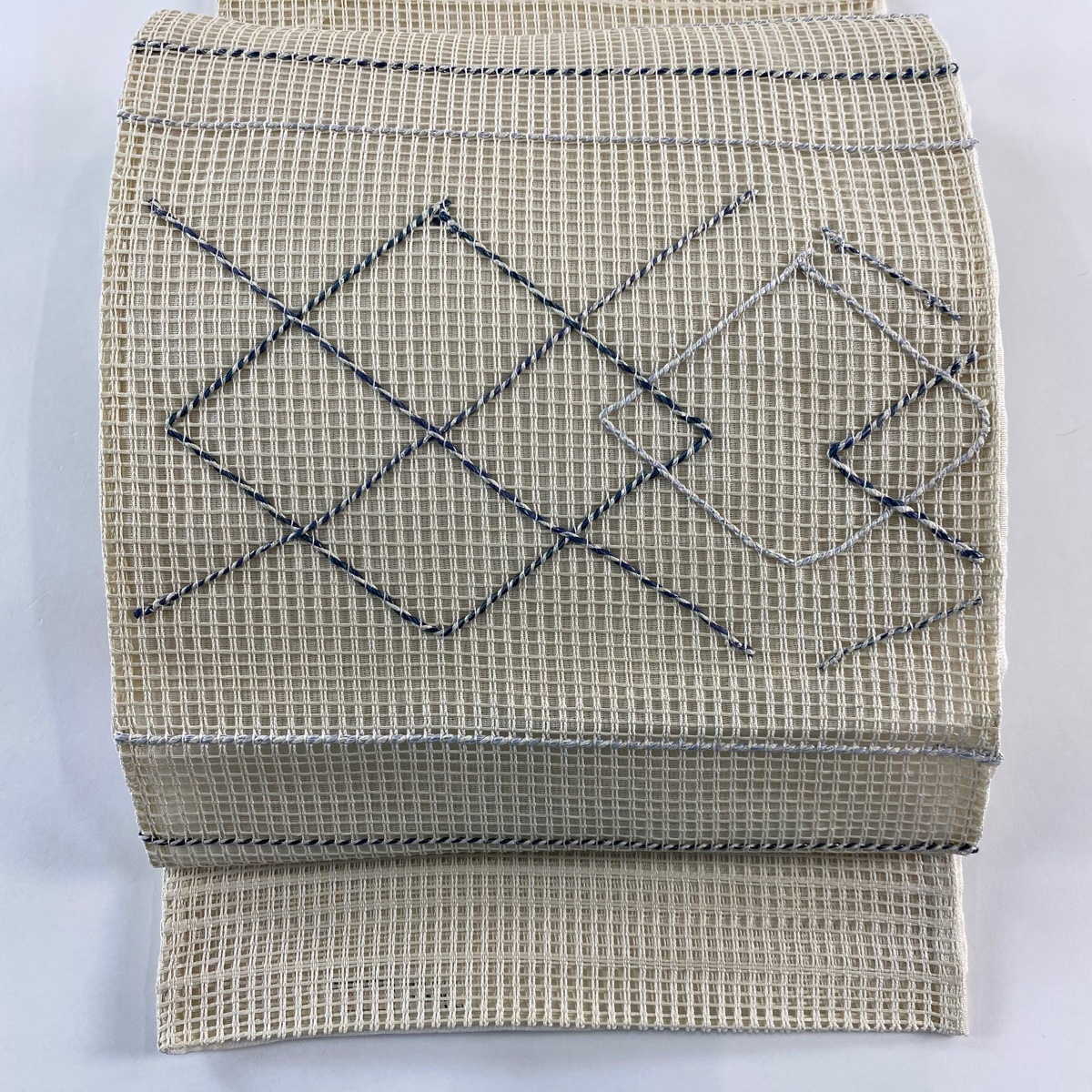 袋帯 秀品 夏帯 菱 縞 銀糸 クリーム お太鼓柄 正絹 【中古】拍卖
