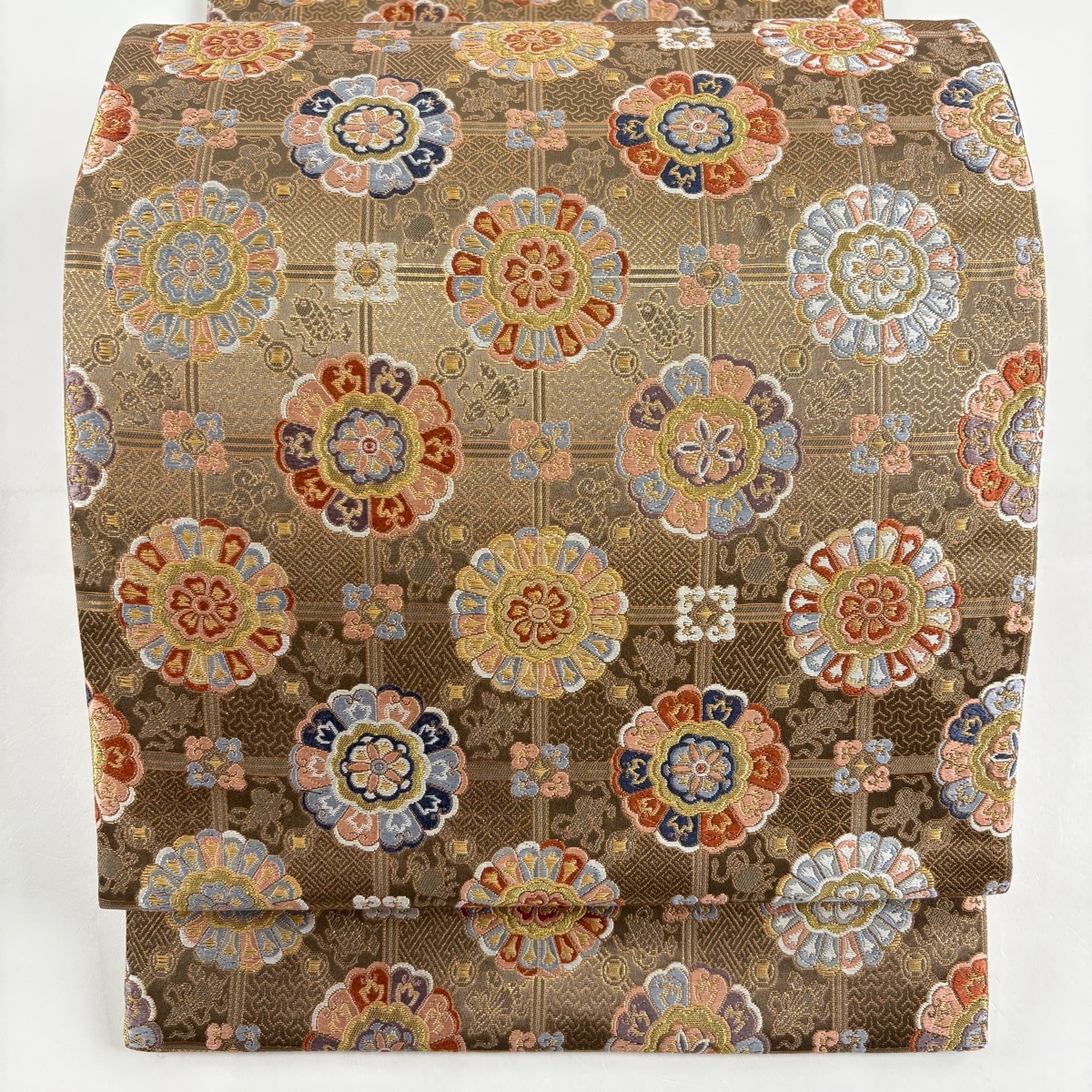 【美品】 袋帯 秀品 華文 金糸 箔 灰茶 六通 正絹 【中古】拍卖