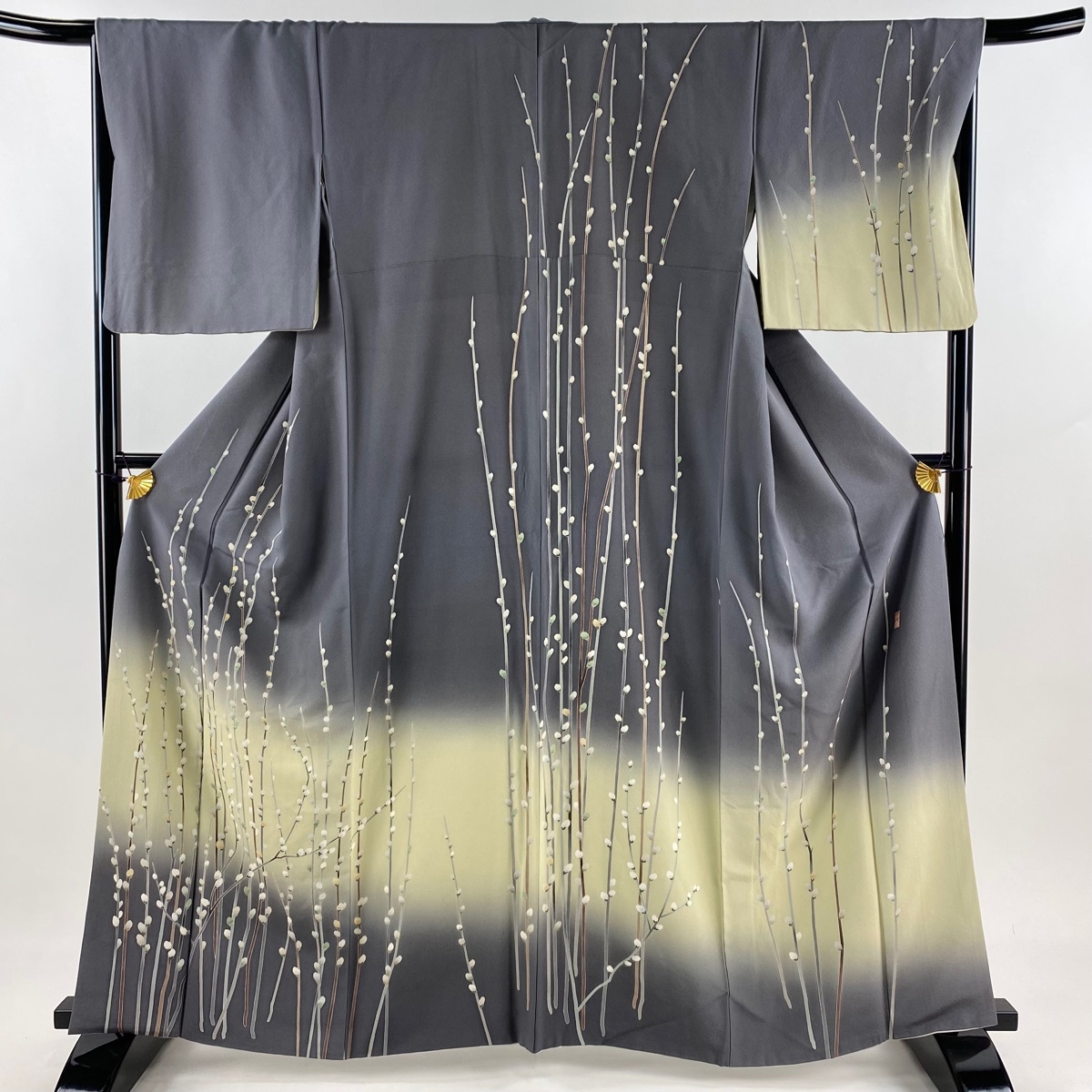 訪問着 身丈163cm 裄丈67cm M 袷 落款 枝花 染め分け ぼかし 灰紫 正絹 名品 【中古】拍卖