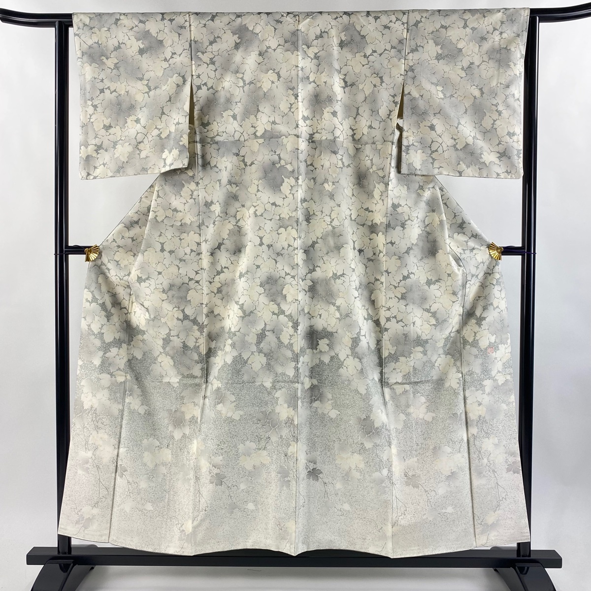 【美品】 訪問着 身丈155.5cm 裄丈63cm S 袷 牛首紬地 鈴乃屋 落款 蔦 霞 灰緑 正絹 逸品 【中古】拍卖