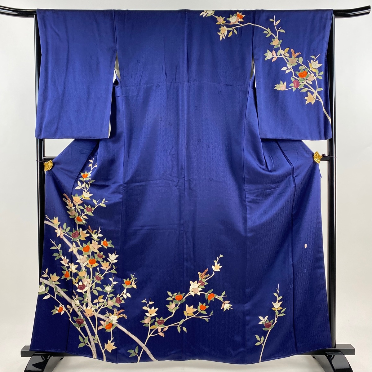 訪問着 身丈163cm 裄丈65.5cm M 袷 吾妻徳穂 落款 橘 疋田柄 金糸 金彩 紺色 正絹 名品 【中古】拍卖