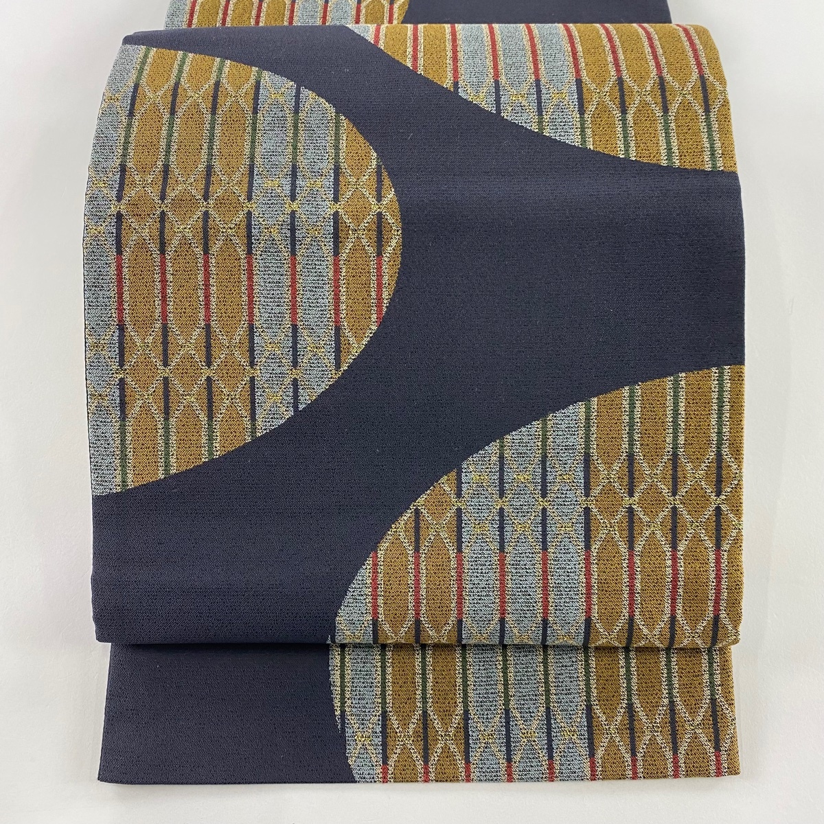 袋帯 秀品 縞 幾何学 箔 濃紺 六通 正絹 【中古】拍卖