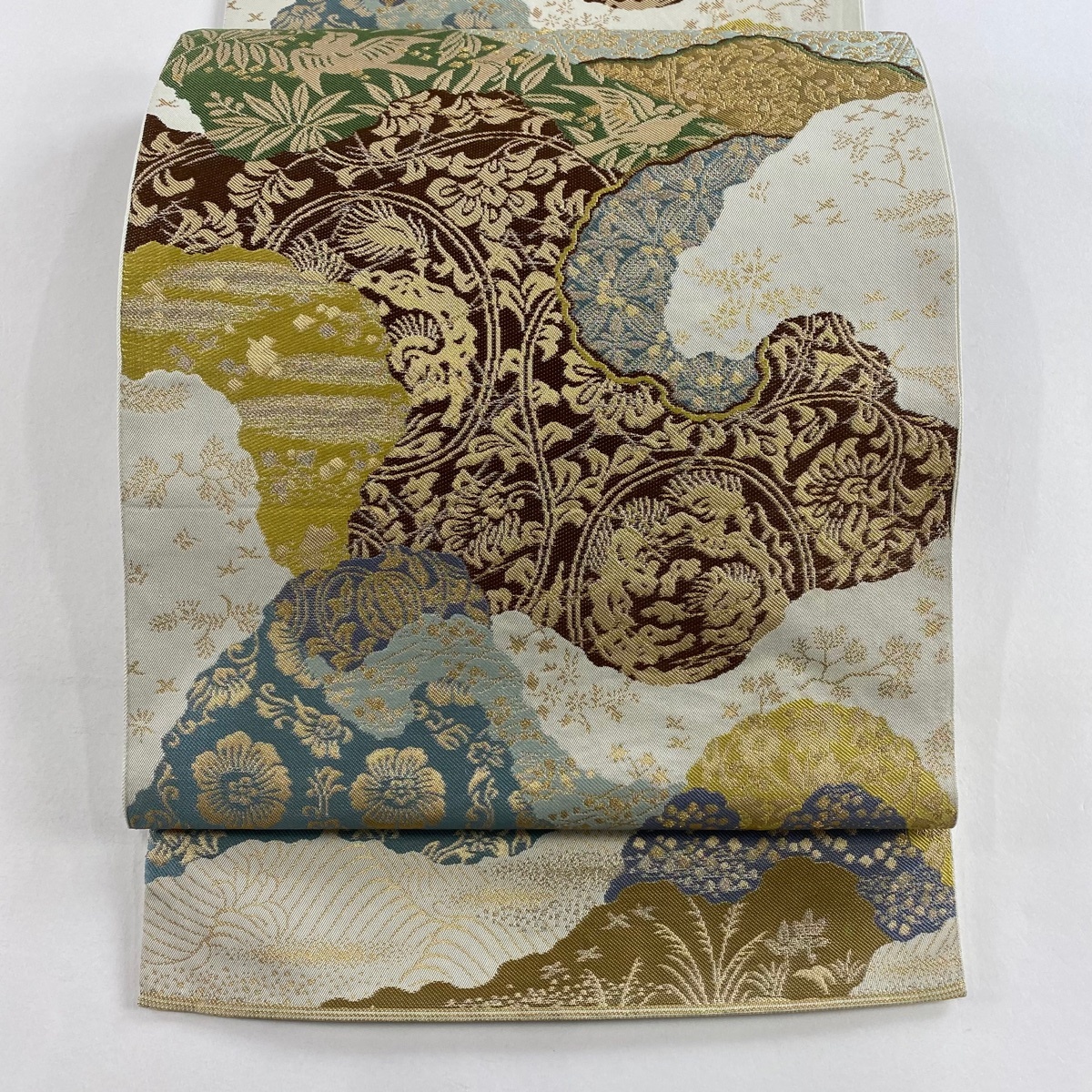 袋帯 秀品 川島織物 落款 関西仕立て 花唐草 花鳥 箔 銀糸 青灰色 六通 正絹 【中古】拍卖