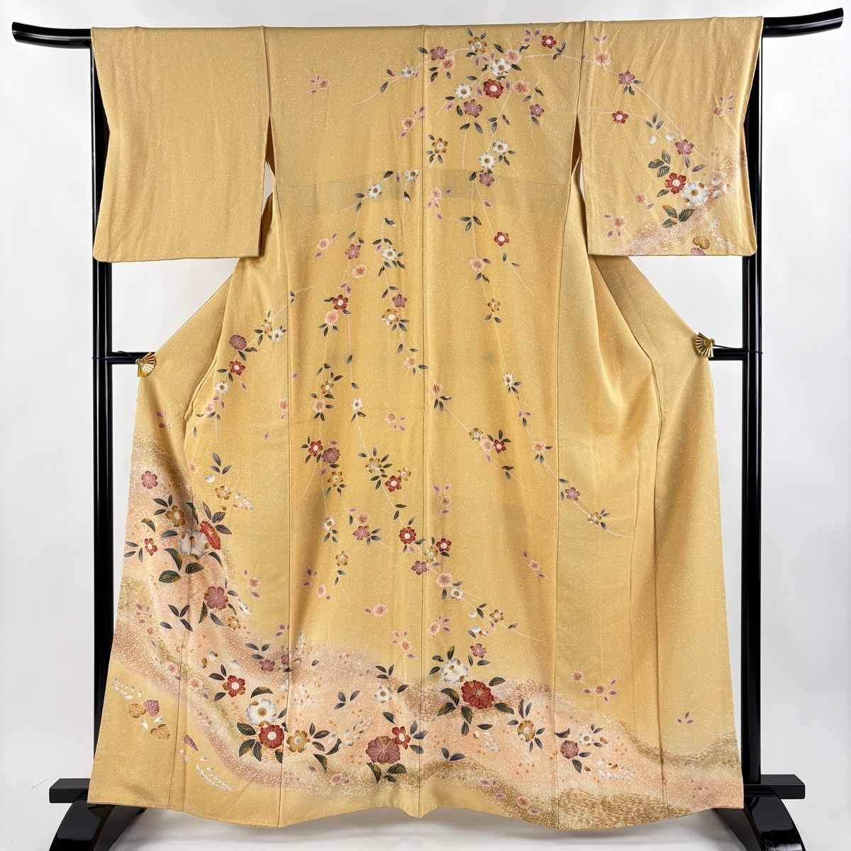 訪問着 身丈162cm 裄丈66.5cm M 袷 霞 草花 金彩 ぼかし ベージュ 正絹 秀品 【中古】拍卖