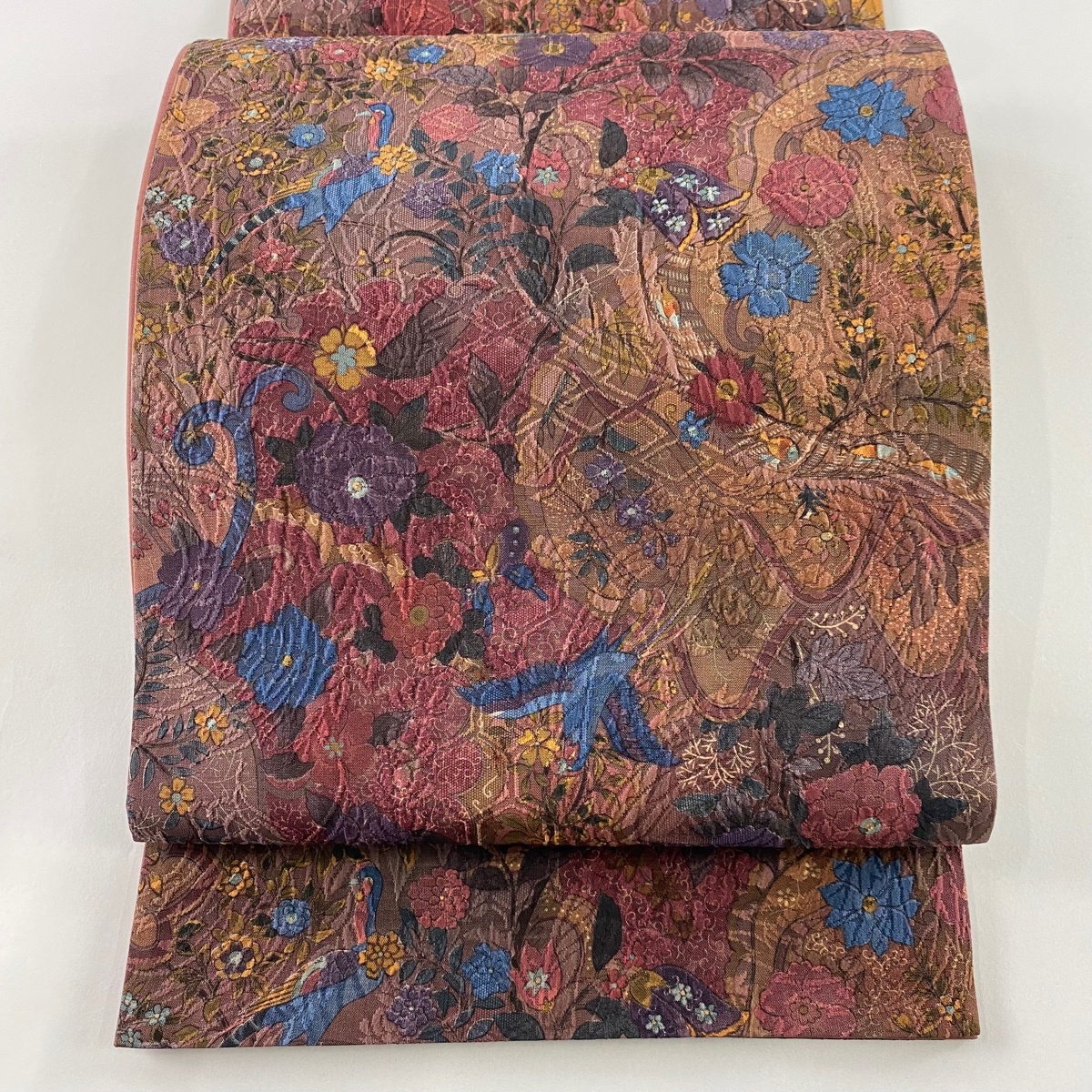 【美品】 袋帯 秀品 花鳥 菱 赤紫 全通 正絹 【中古】拍卖