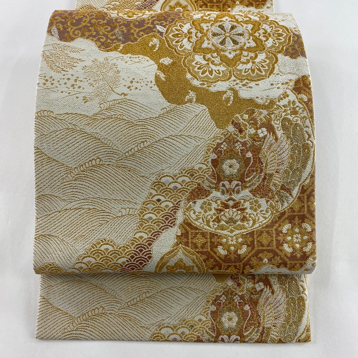 【美品】 袋帯 秀品 華文 鳳凰 金糸 箔 クリーム 六通 正絹 【中古】拍卖