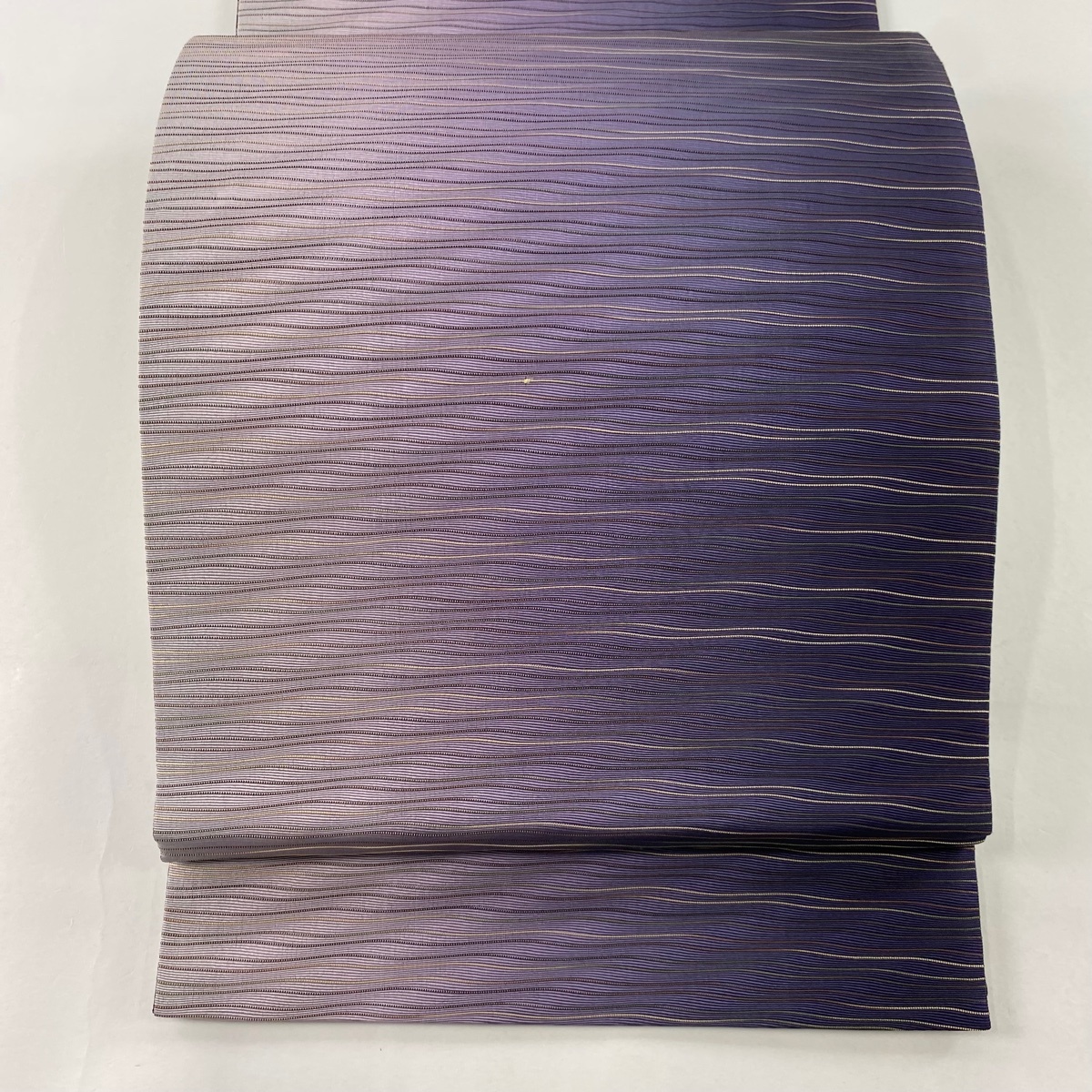 【美品】 袋帯 秀品 よろけ縞 ぼかし 紫 全通 正絹 【中古】拍卖