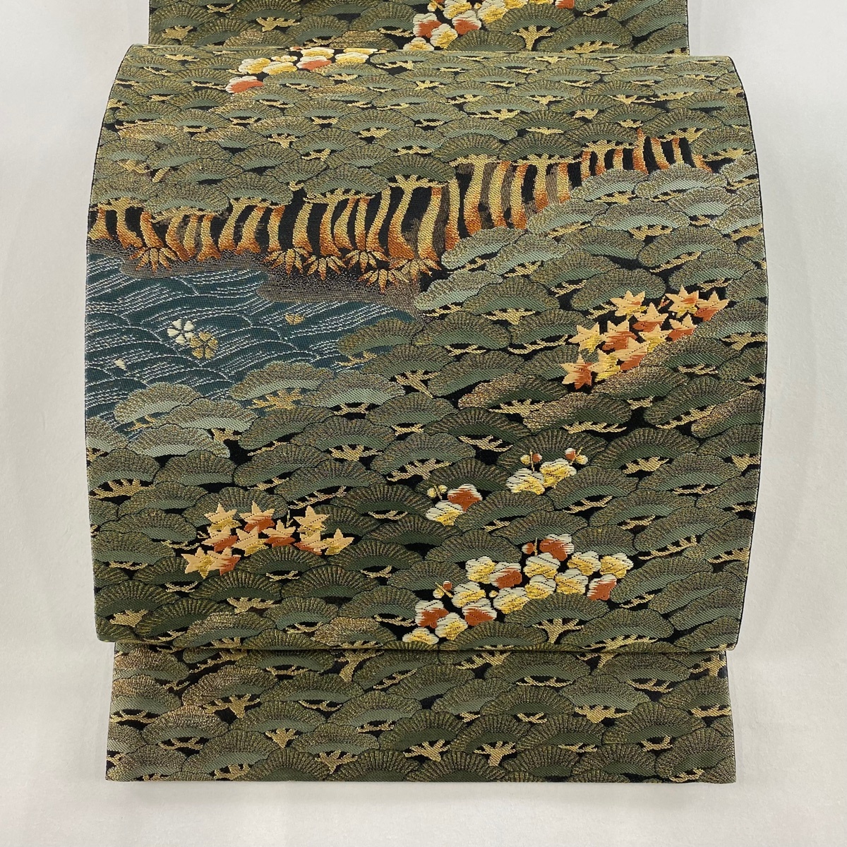 袋帯 秀品 万寿瑞松文 松竹梅 波 金糸 箔 灰緑 六通 正絹 【中古】拍卖