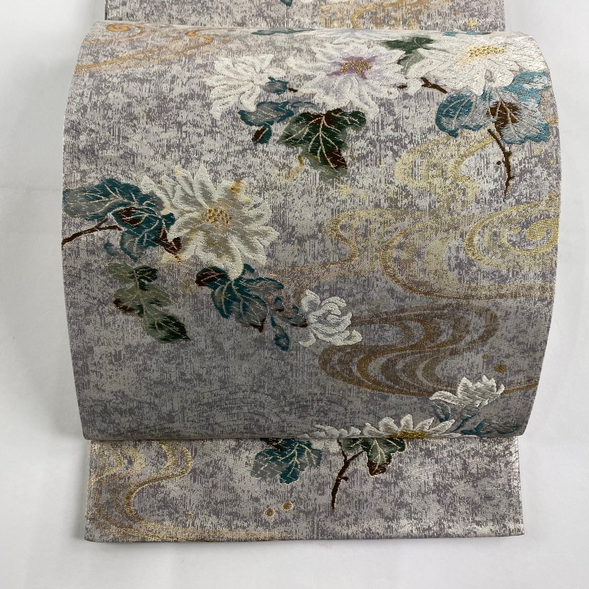 袋帯 秀品 枝花 流水 金糸 箔 灰色 六通 正絹 【中古】拍卖