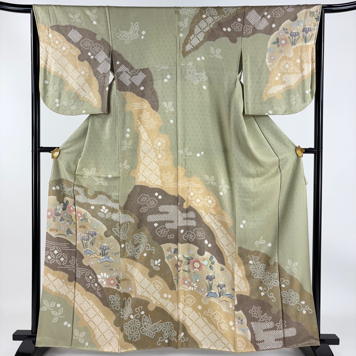 訪問着 身丈162.5cm 裄丈65cm M 袷 菊 雪輪 絞り 金銀彩 薄緑 正絹 秀品 一つ紋 【中古】拍卖