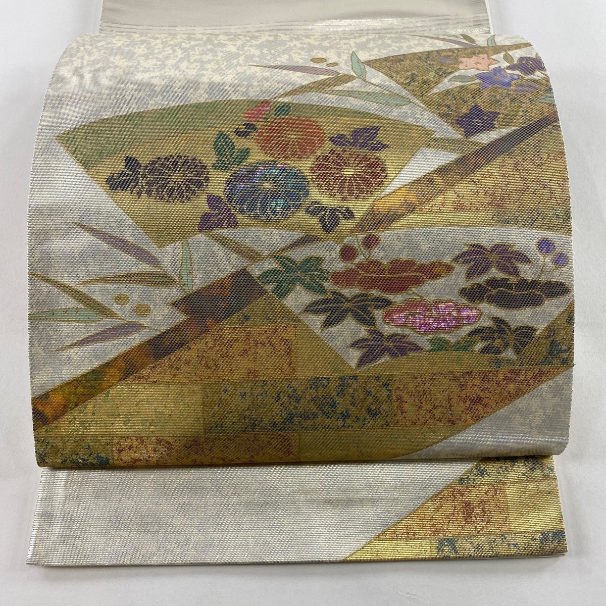 【美品】 袋帯 秀品 扇面 草花 螺鈿箔 箔 銀色 お太鼓柄 正絹 【中古】拍卖