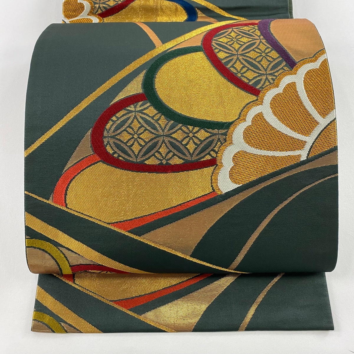 袋帯 秀品 笠松 七宝文 金糸 箔 深緑 六通 正絹 【中古】拍卖