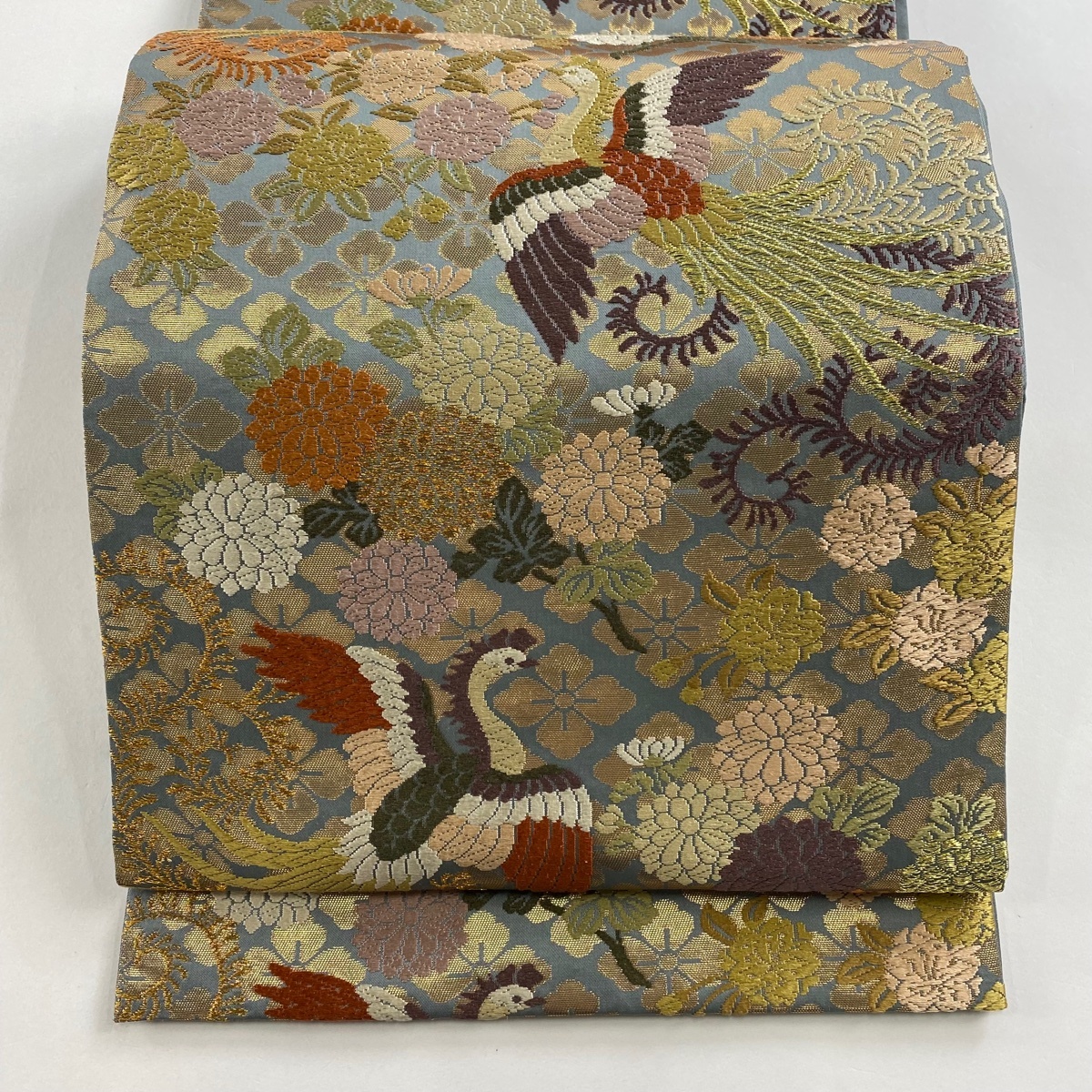 【美品】 袋帯 秀品 能衣唐織 花菱 鳳凰 金糸 箔 灰緑 六通 正絹 【中古】拍卖