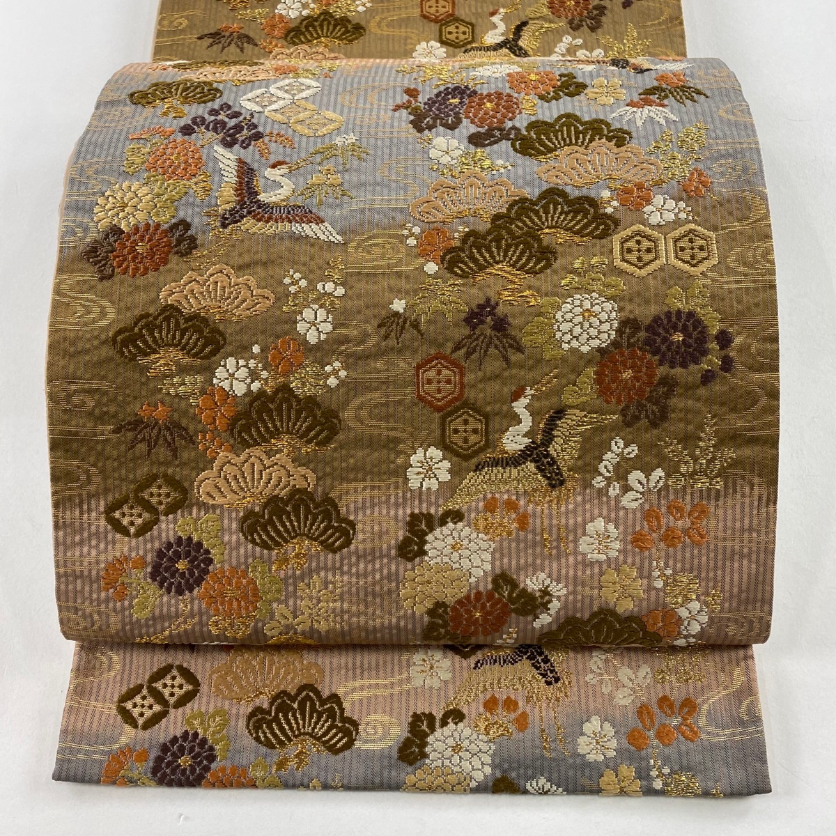 袋帯 秀品 松竹梅 鶴 金糸 箔 ピンクベージュ 六通 正絹 【中古】拍卖