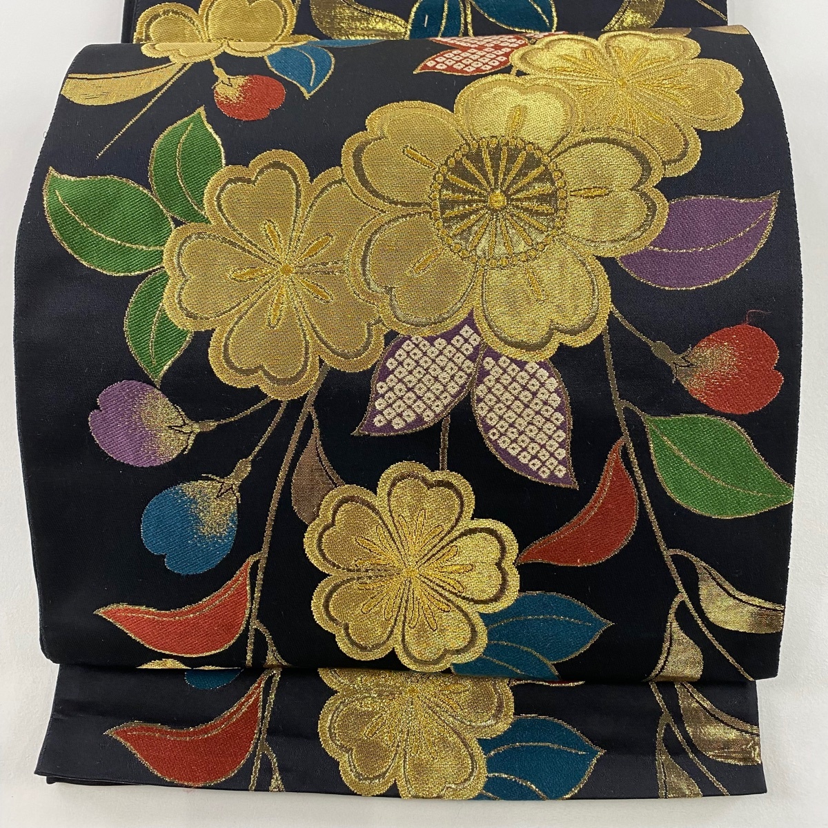 【美品】 袋帯 秀品 桜 金糸 箔 黒 六通 正絹 【中古】拍卖
