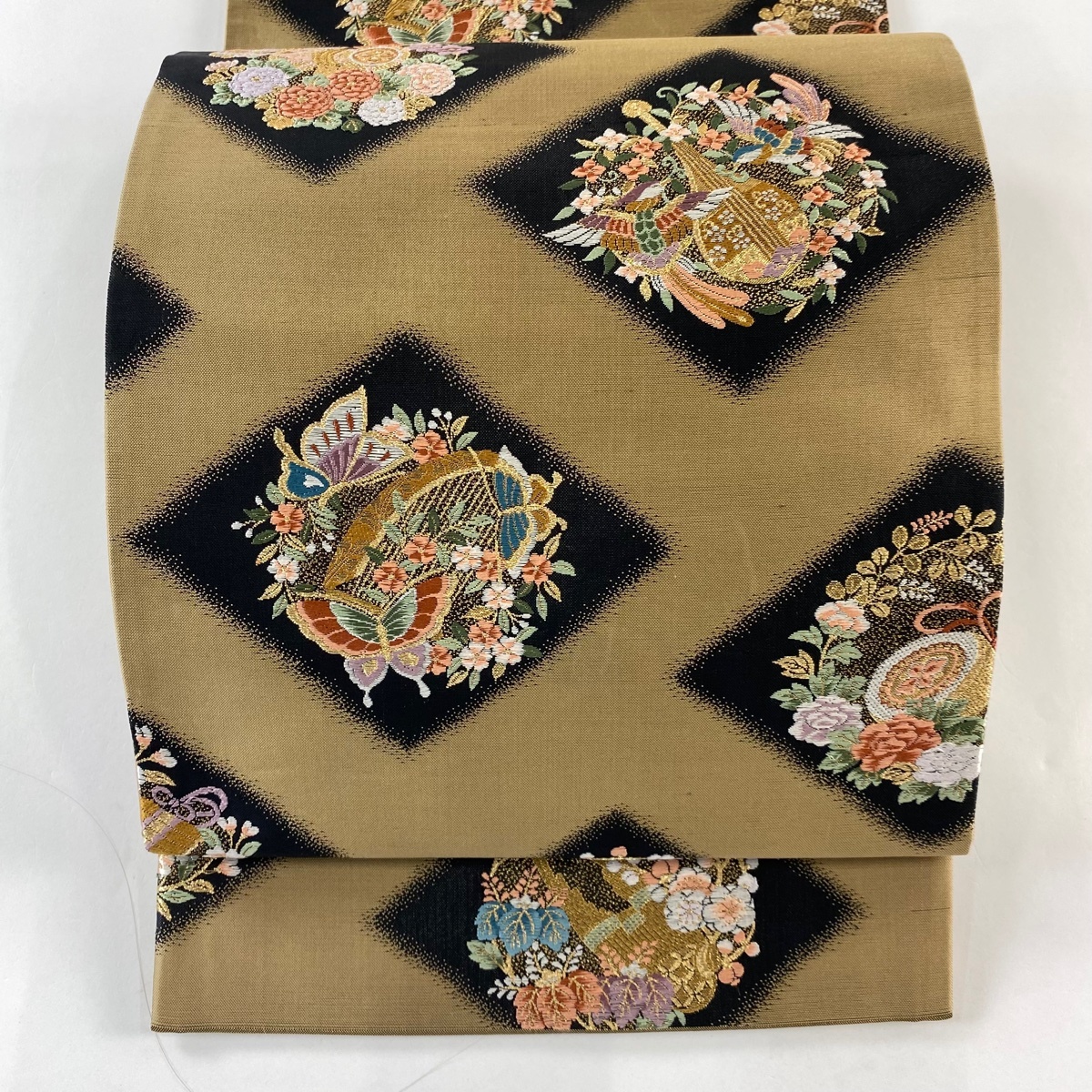 【美品】 袋帯 秀品 楽器 花鳥 金糸 刺繍 薄茶色 六通 正絹 【中古】拍卖