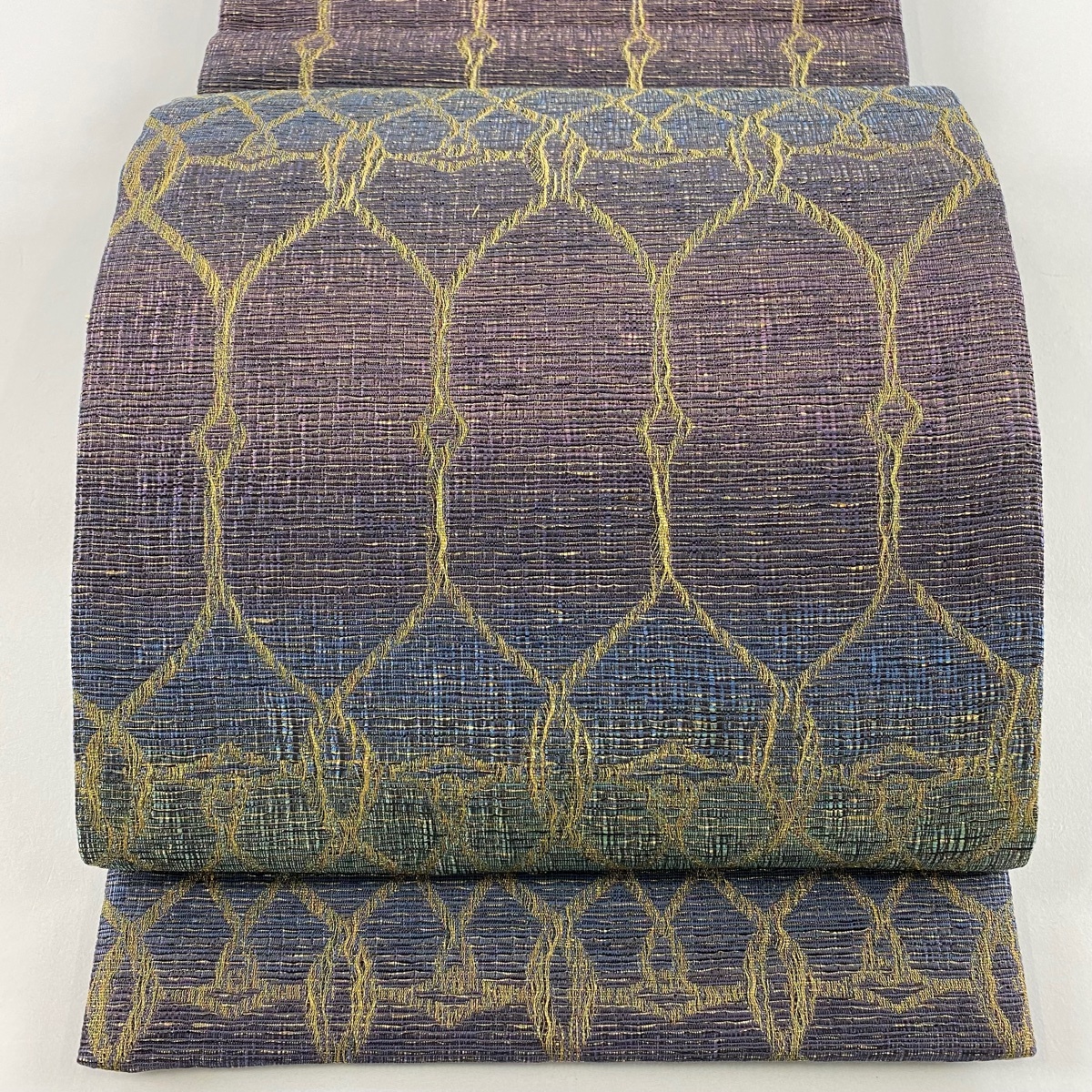 【美品】 袋帯 秀品 本泥染 幾何学模様 段縞模様 金糸 箔 紫 全通 正絹 【中古】拍卖